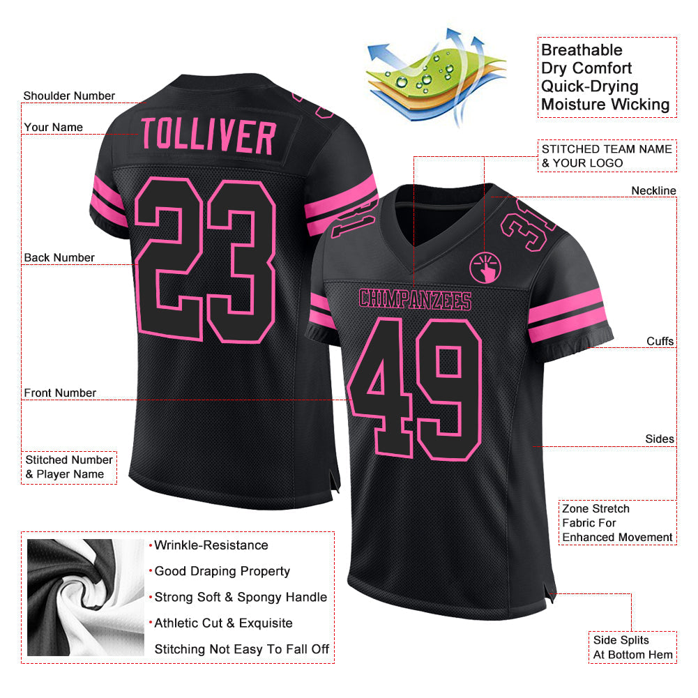 Custom Black Black-Pink Mesh Authentic Football Jersey view 2