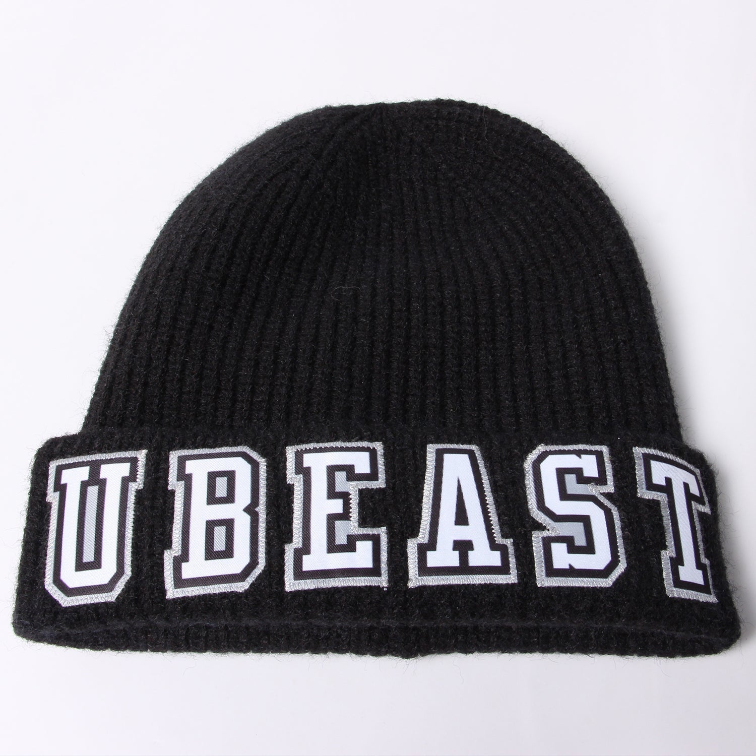 Custom Black White-Gray Stitched Cuffed Knit Hat view 3