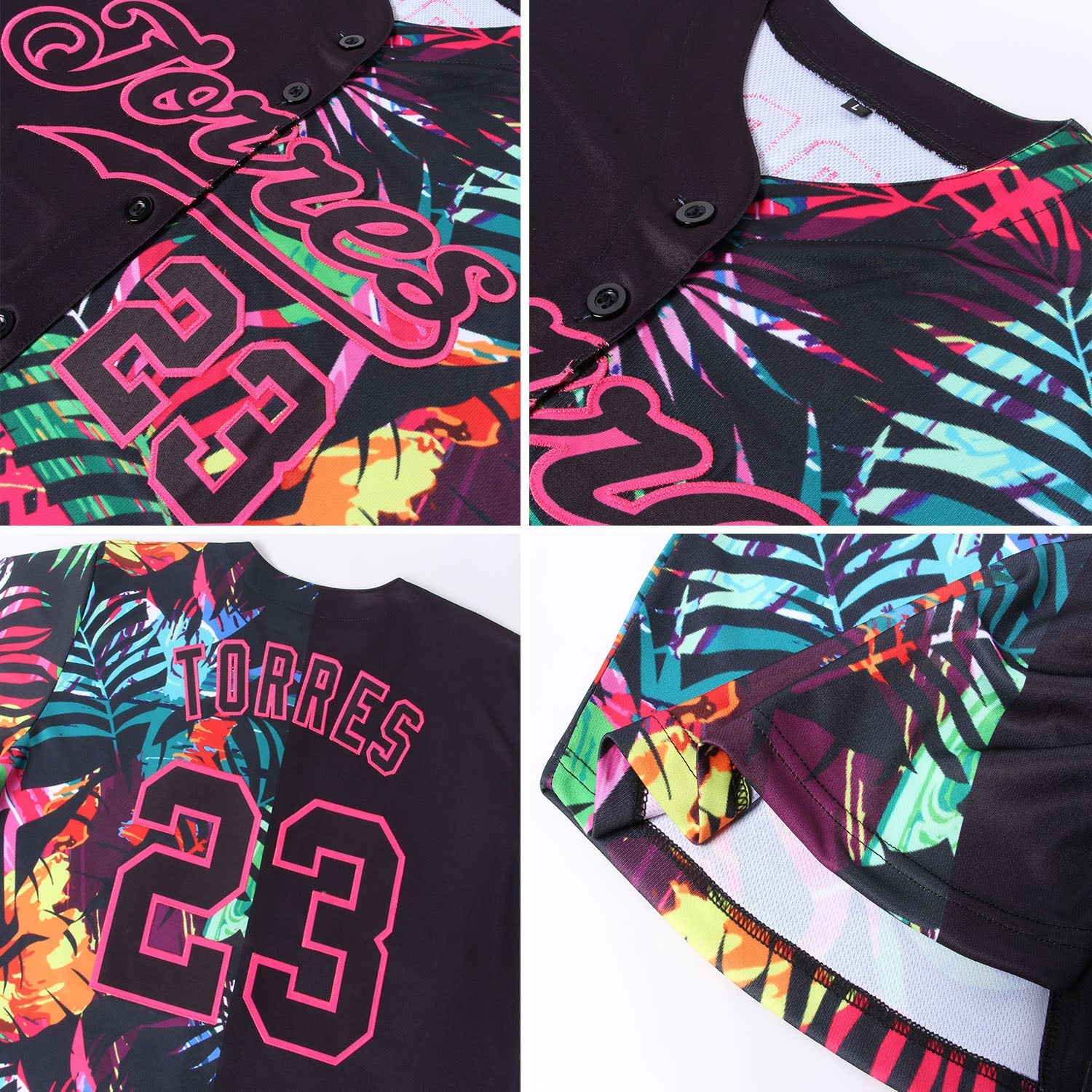 Custom Black Black-Pink 3D Pattern Design Tropical Palm Leaves Authentic Baseball Jersey view 6