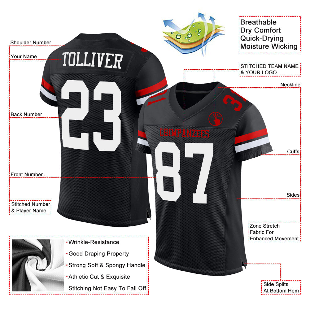 Custom Black White-Red Mesh Authentic Football Jersey view 2