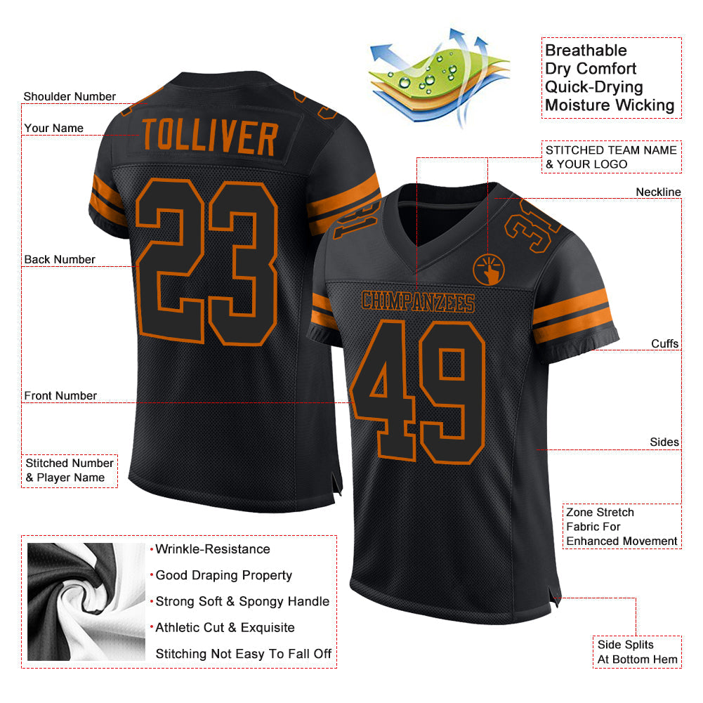 Custom Black Black-Texas Orange Mesh Authentic Football Jersey view 2