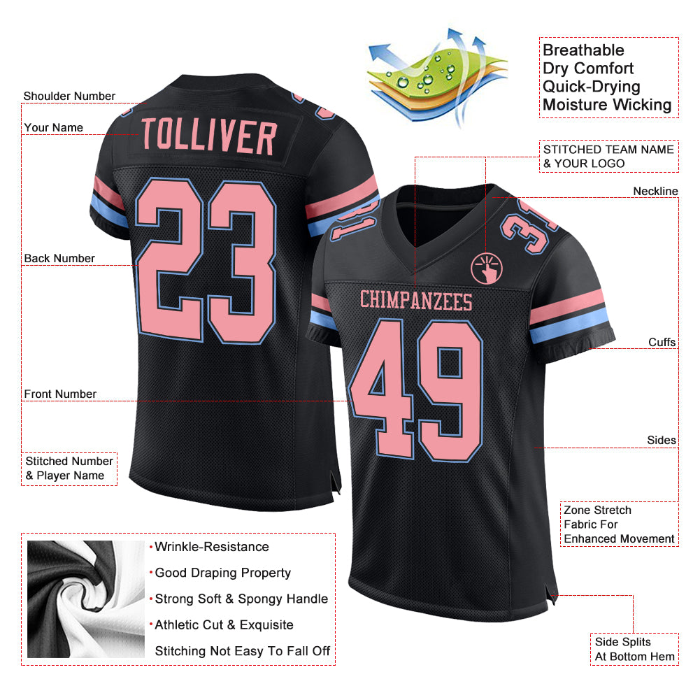 Custom Black Medium Pink-Light Blue Mesh Authentic Football Jersey view 2