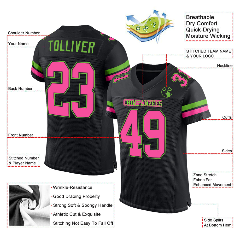 Custom Black Pink-Neon Green Mesh Authentic Football Jersey view 2