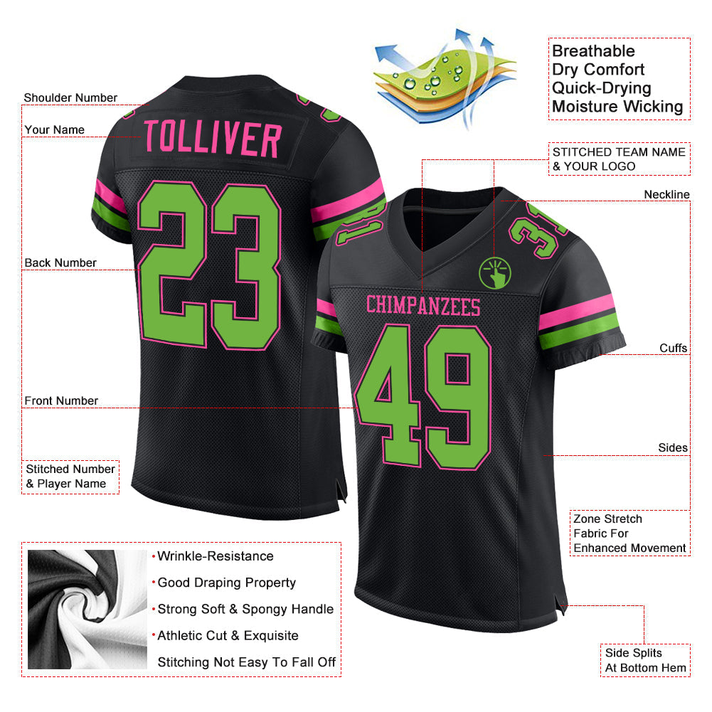 Custom Black Neon Green-Pink Mesh Authentic Football Jersey view 2