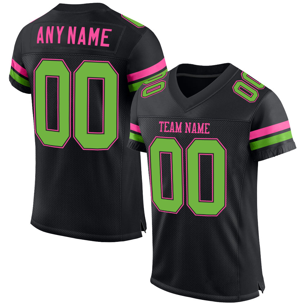 Custom Black Neon Green-Pink Mesh Authentic Football Jersey - Main View