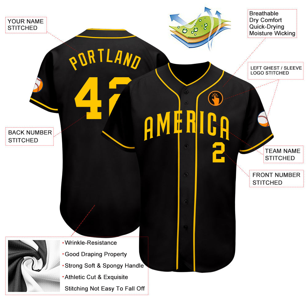 Custom Black Gold Authentic Baseball Jersey view 3