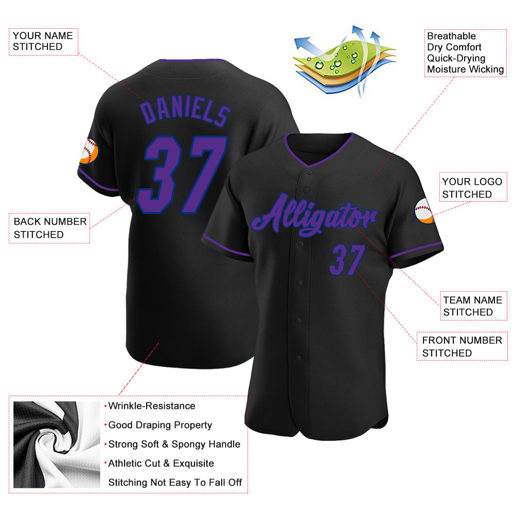 Custom Black Purple-Royal Authentic Baseball Jersey view 3
