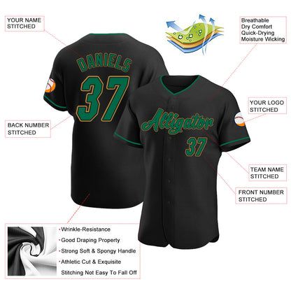 Custom Black Kelly Green-Old Gold Authentic Baseball Jersey view 3