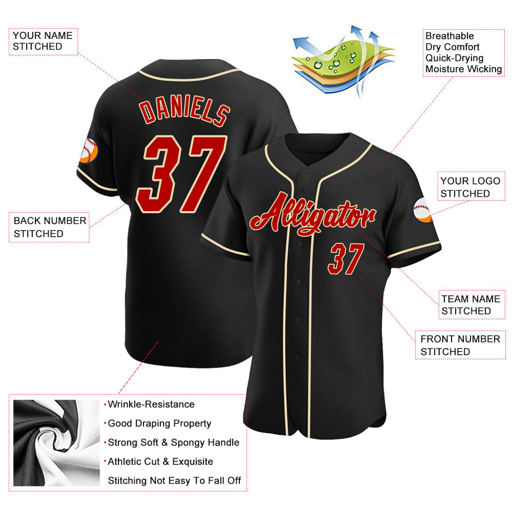 Custom Black Red-Cream Authentic Baseball Jersey view 3