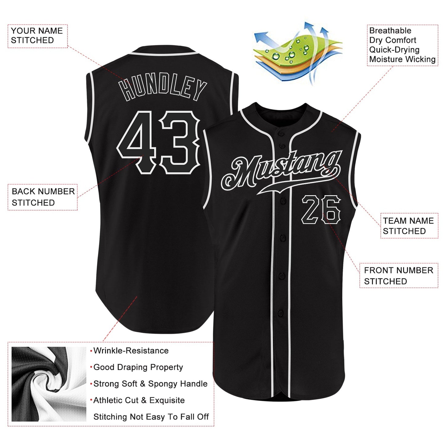 Custom Black Black-White Authentic Sleeveless Baseball Jersey view 2