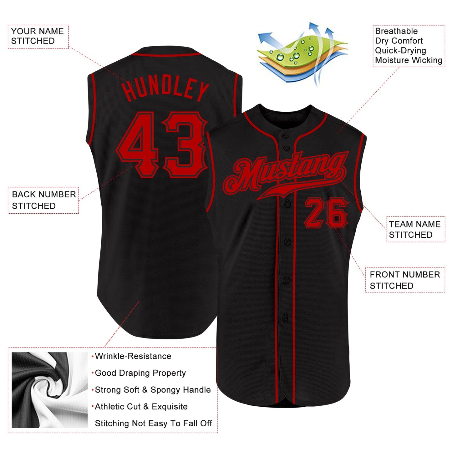 Custom Black Red Authentic Sleeveless Baseball Jersey view 2