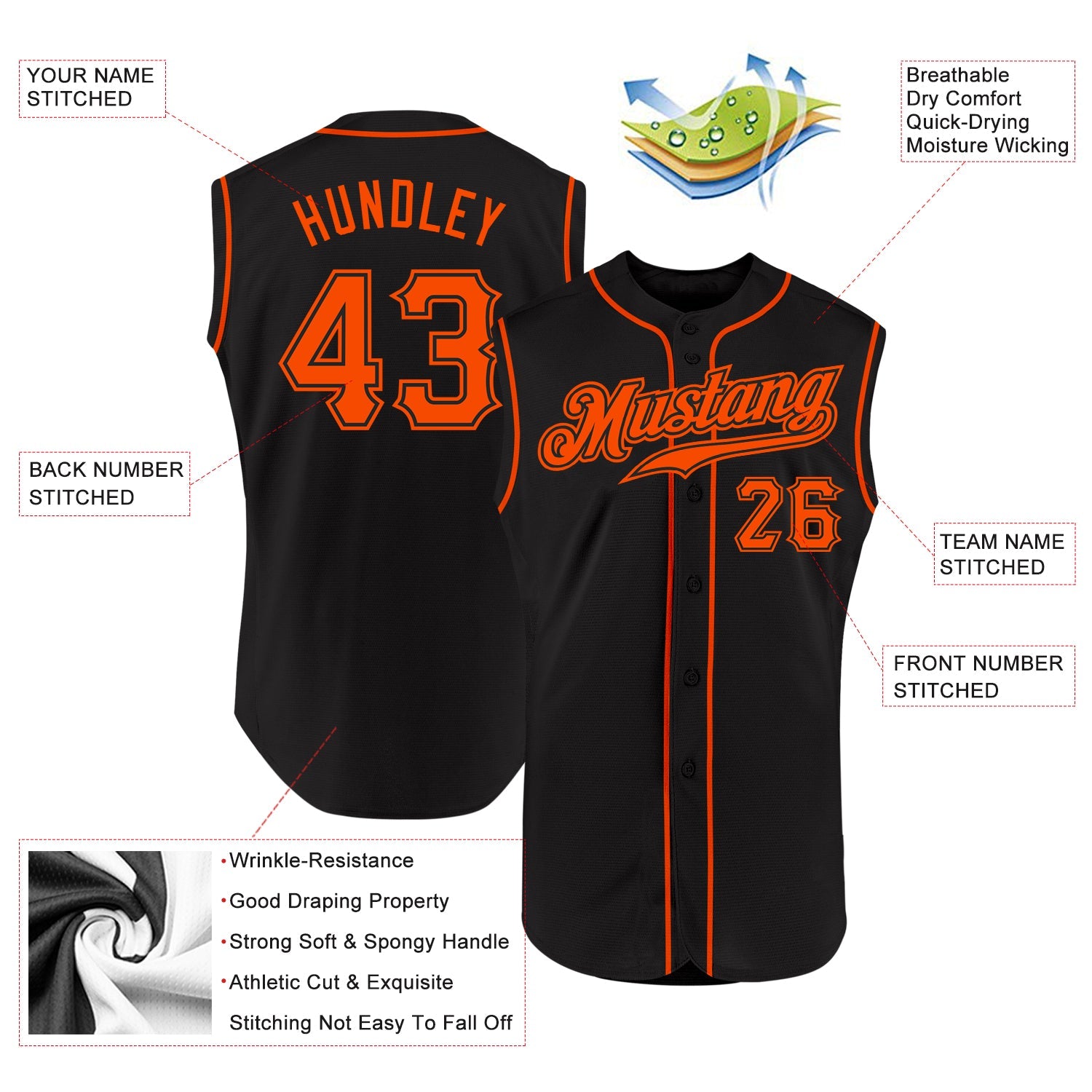 Custom Black Orange Authentic Sleeveless Baseball Jersey view 3