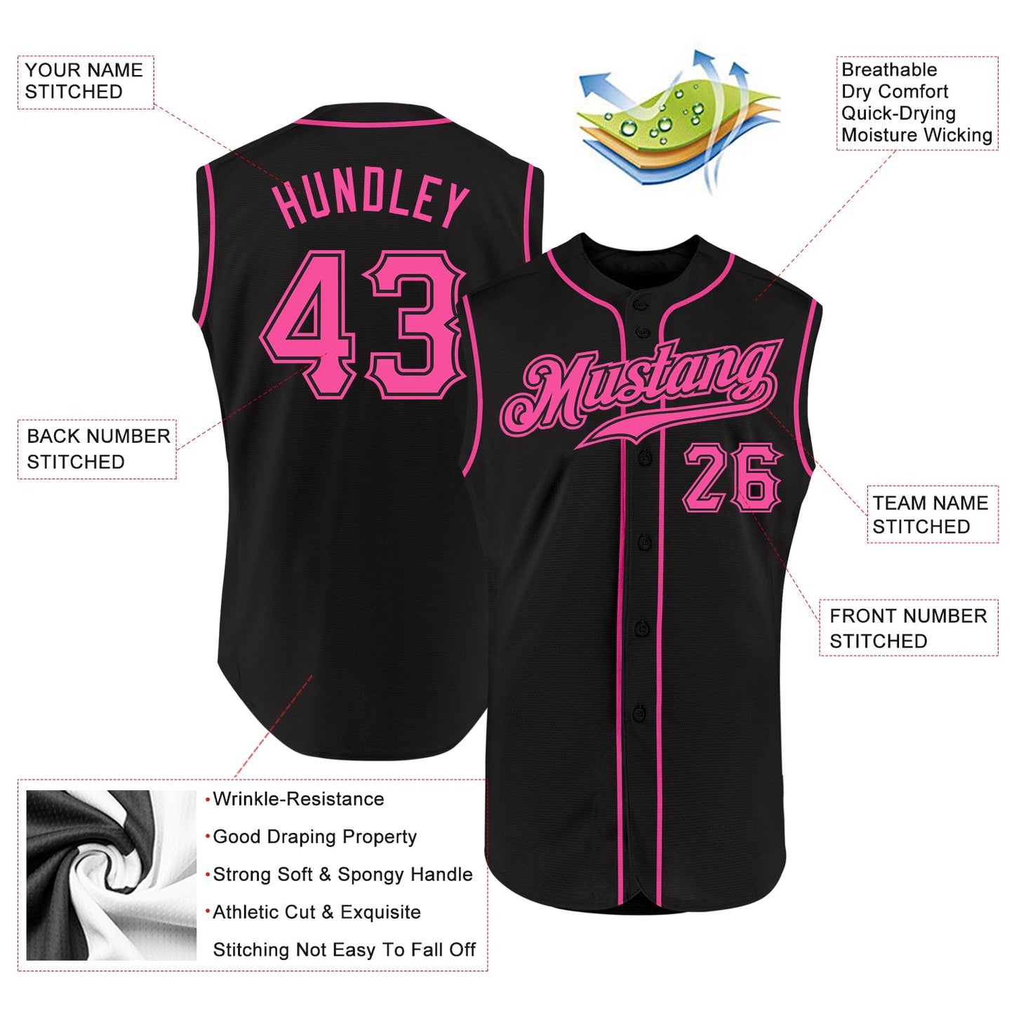 Custom Black Pink Authentic Sleeveless Baseball Jersey view 2