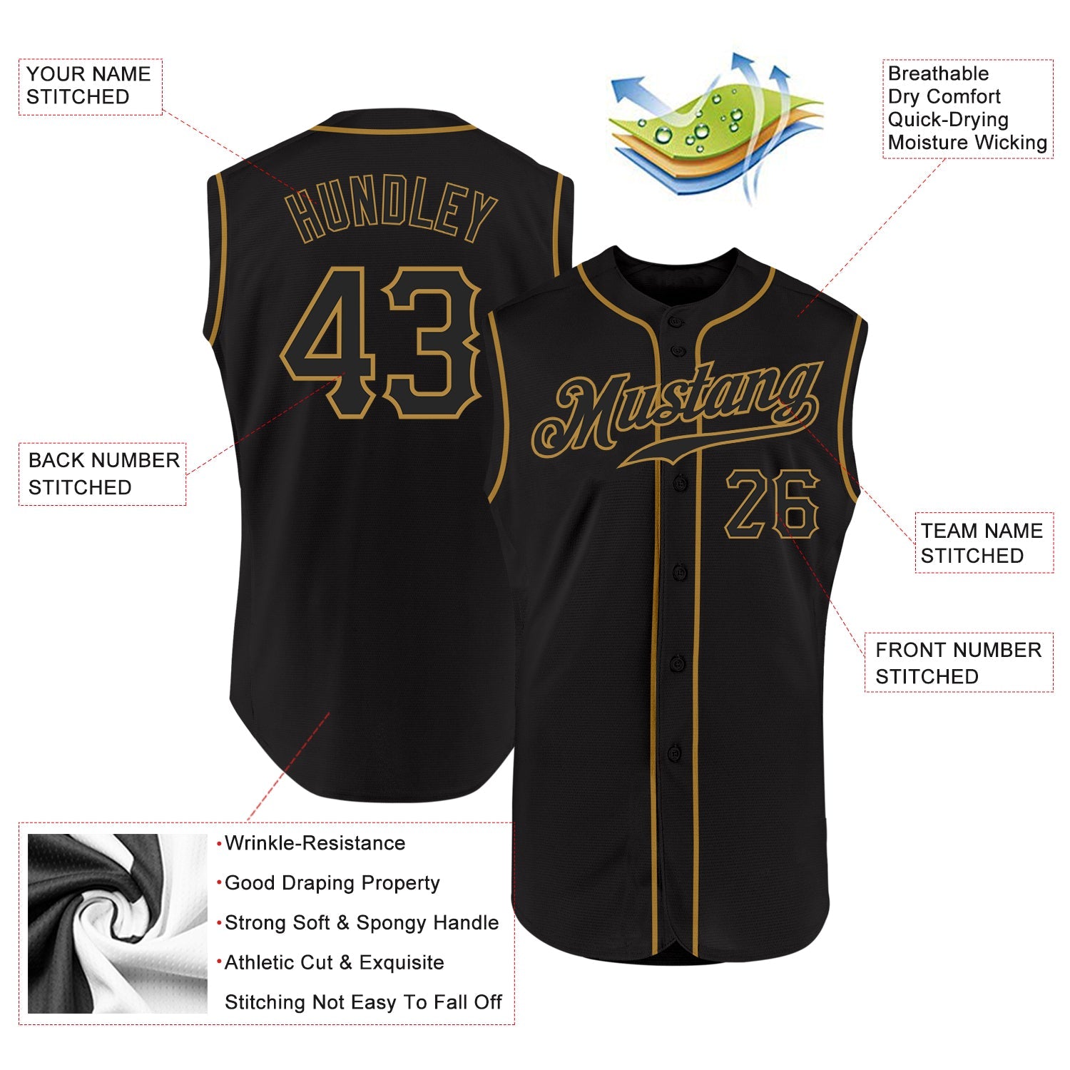 Custom Black Black-Old Gold Authentic Sleeveless Baseball Jersey view 2
