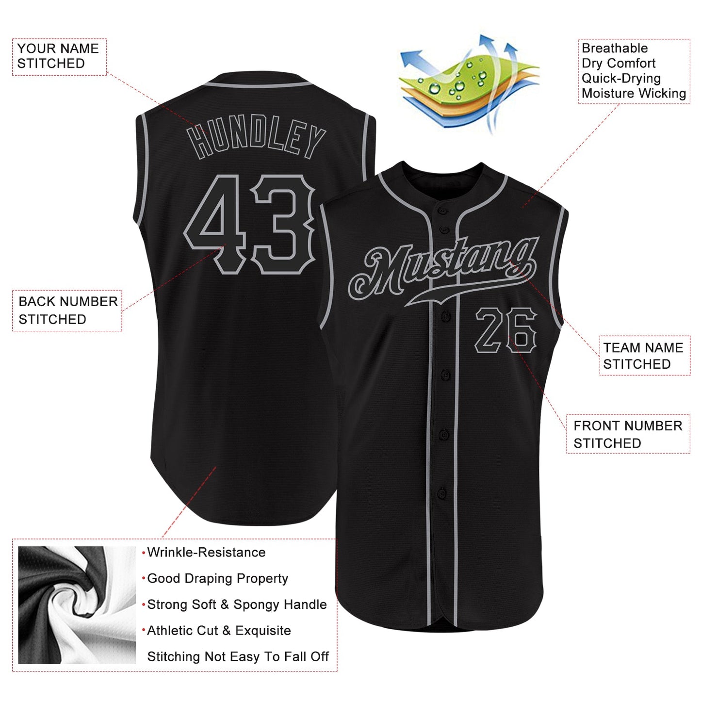Custom Black Black-Gray Authentic Sleeveless Baseball Jersey view 2