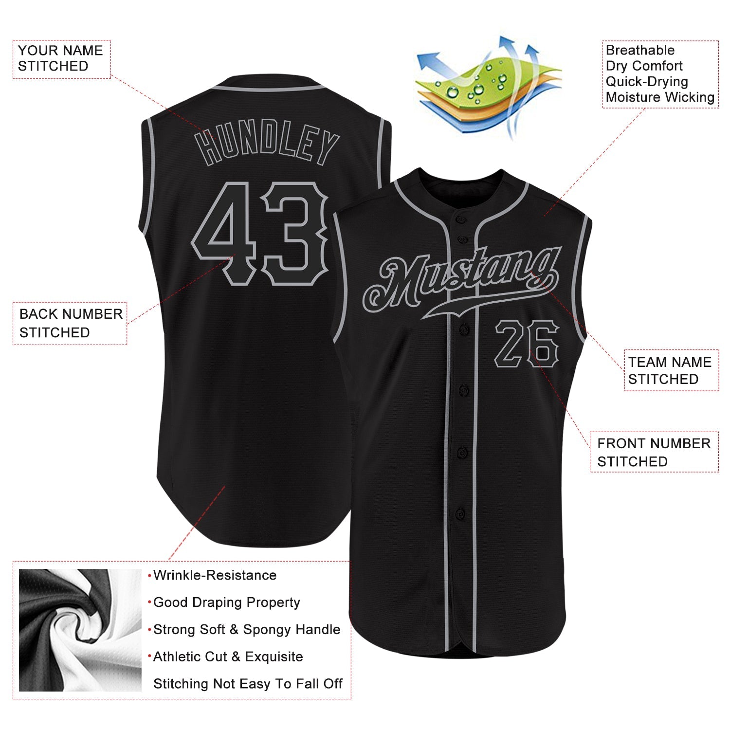 Custom Black Black-Gray Authentic Sleeveless Baseball Jersey view 2