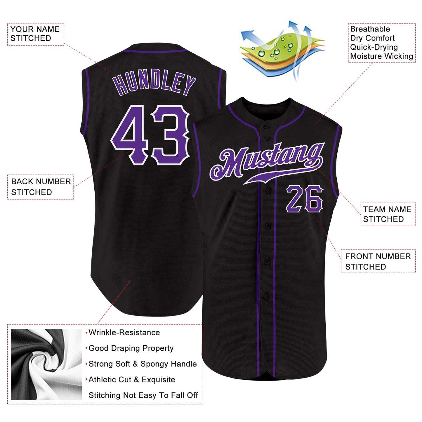 Custom Black Purple-White Authentic Sleeveless Baseball Jersey view 2