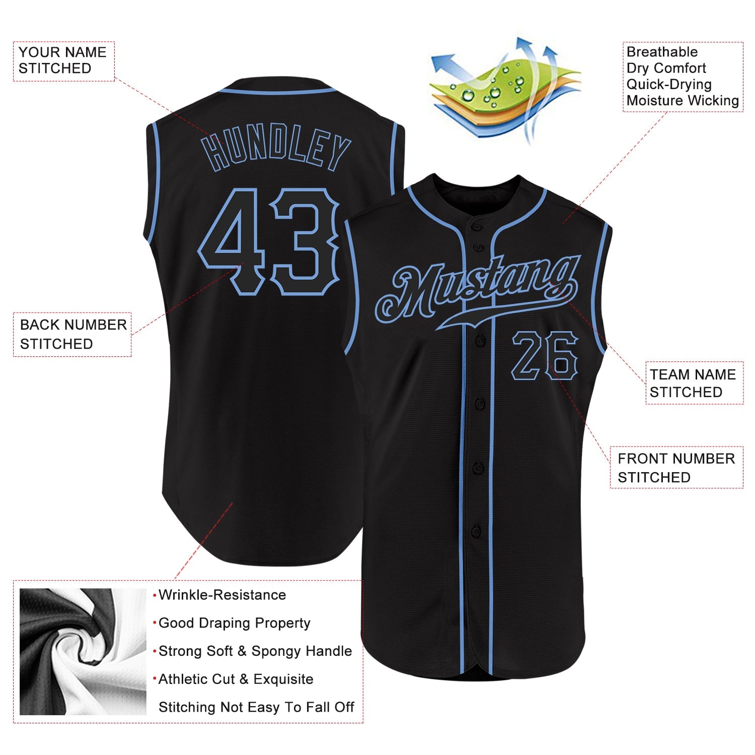 Custom Black Black-Light Blue Authentic Sleeveless Baseball Jersey view 2