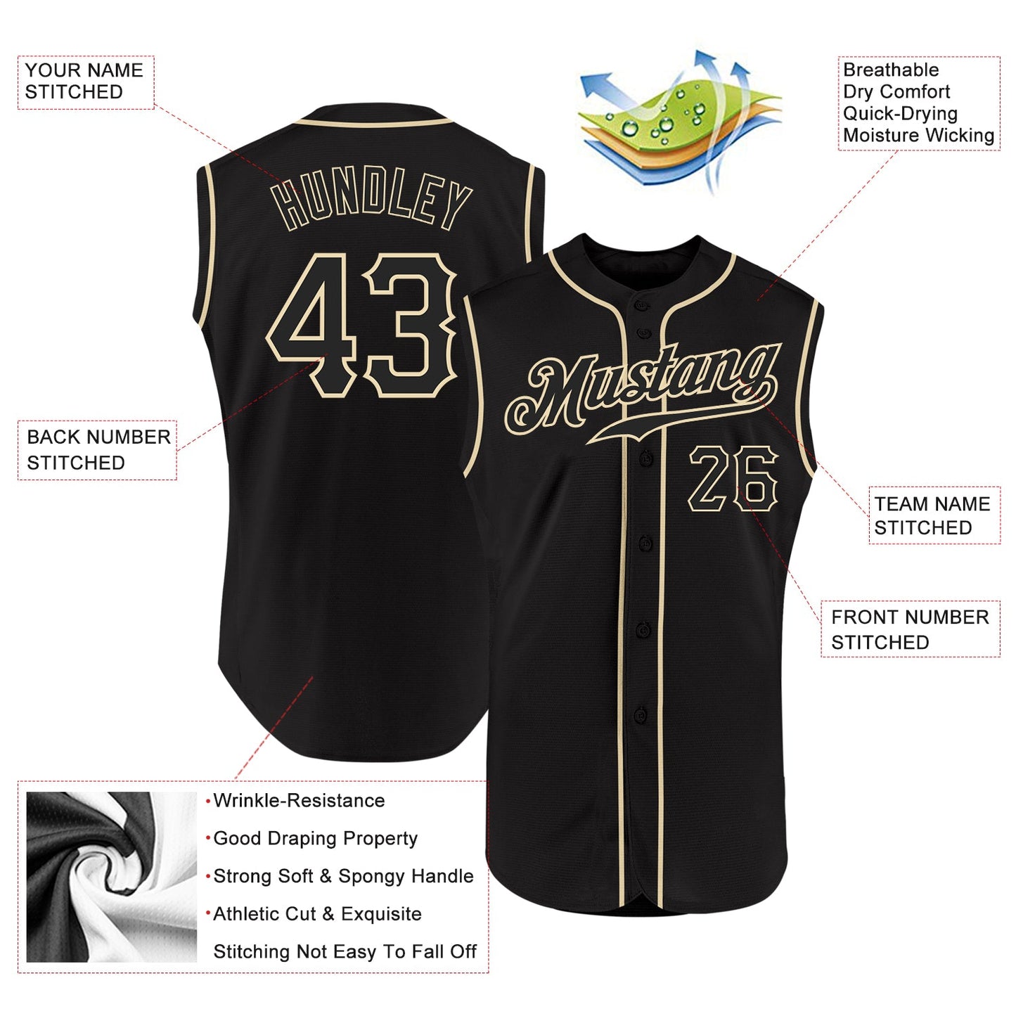 Custom Black Black-Cream Authentic Sleeveless Baseball Jersey view 2