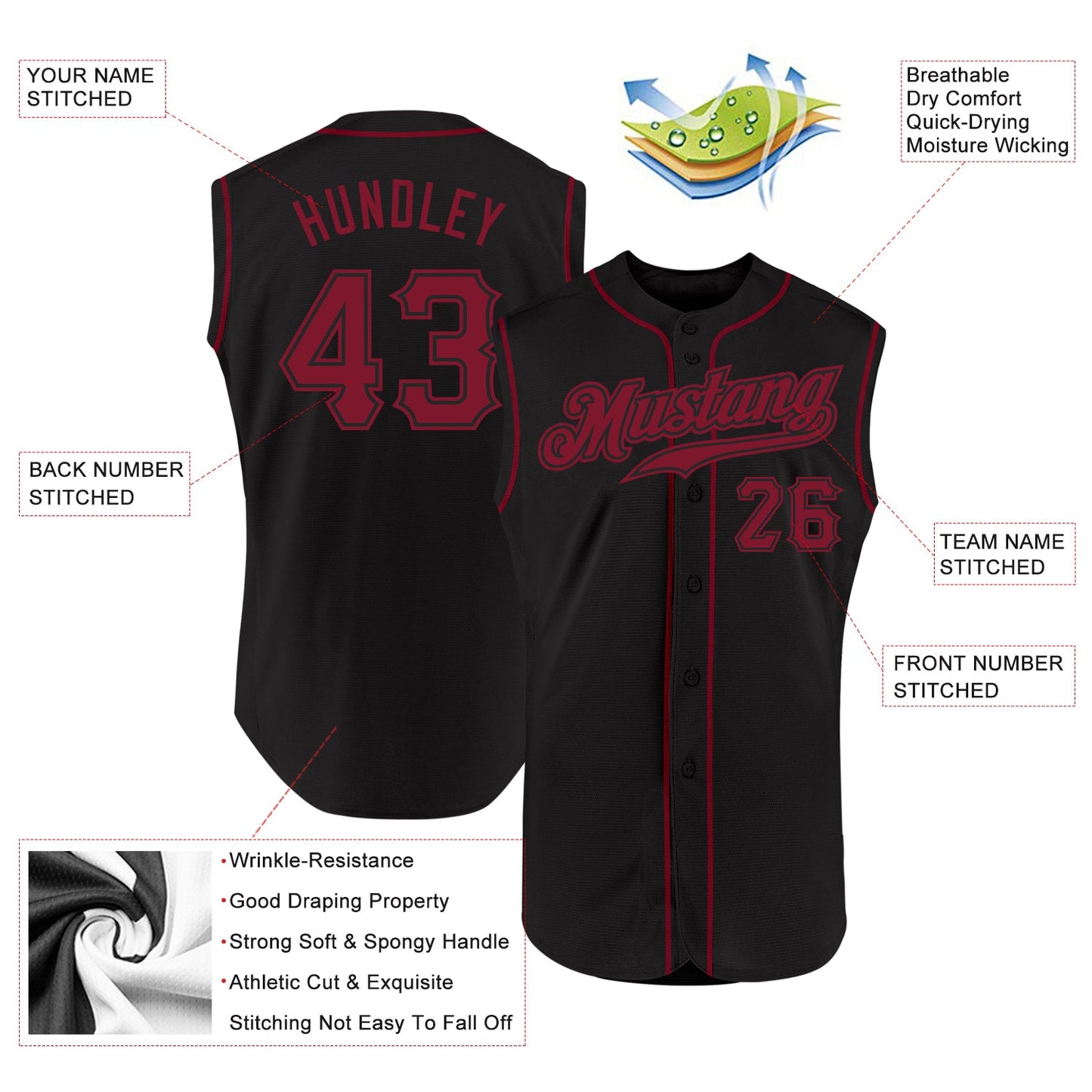 Custom Black Crimson Authentic Sleeveless Baseball Jersey view 2