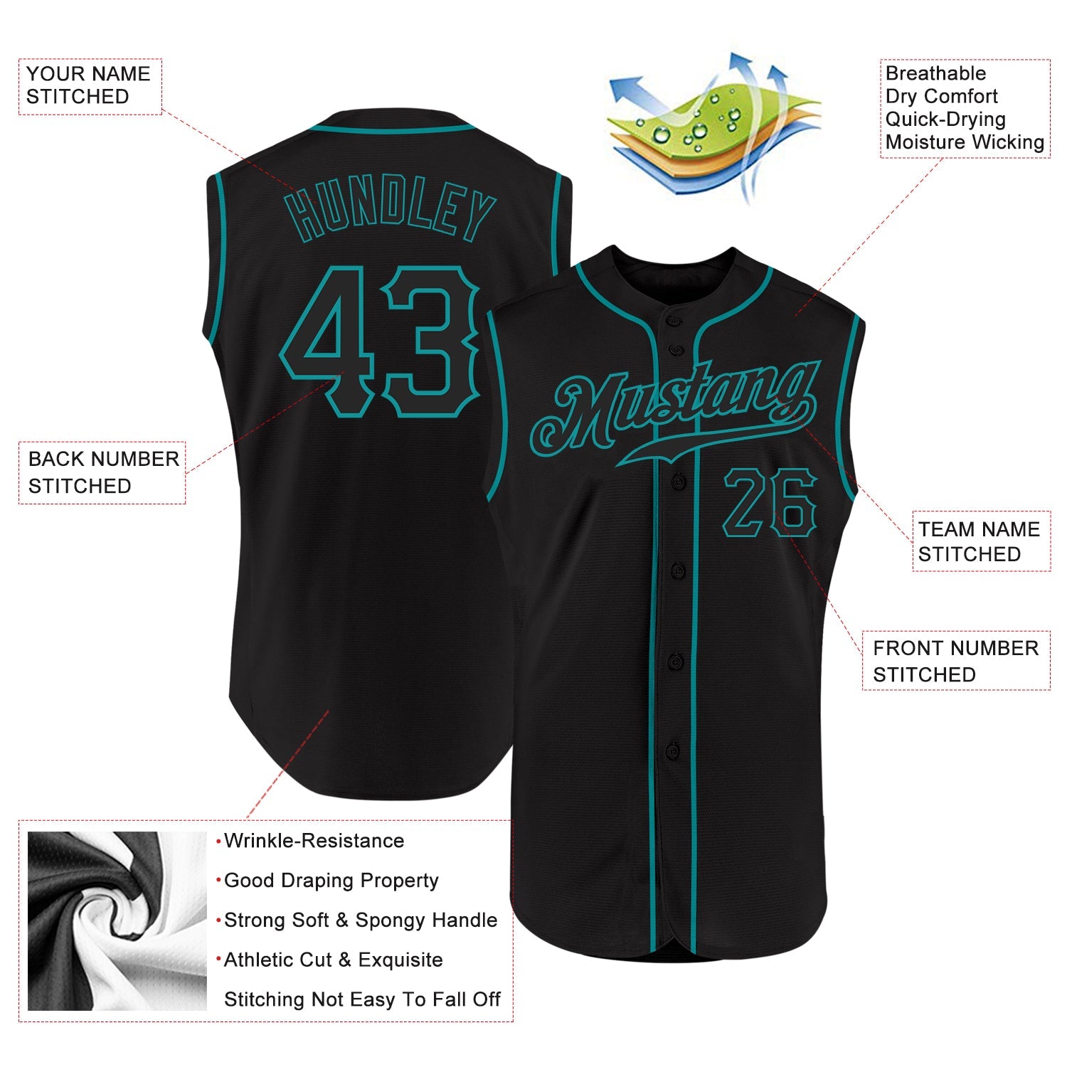Custom Black Black-Teal Authentic Sleeveless Baseball Jersey view 2