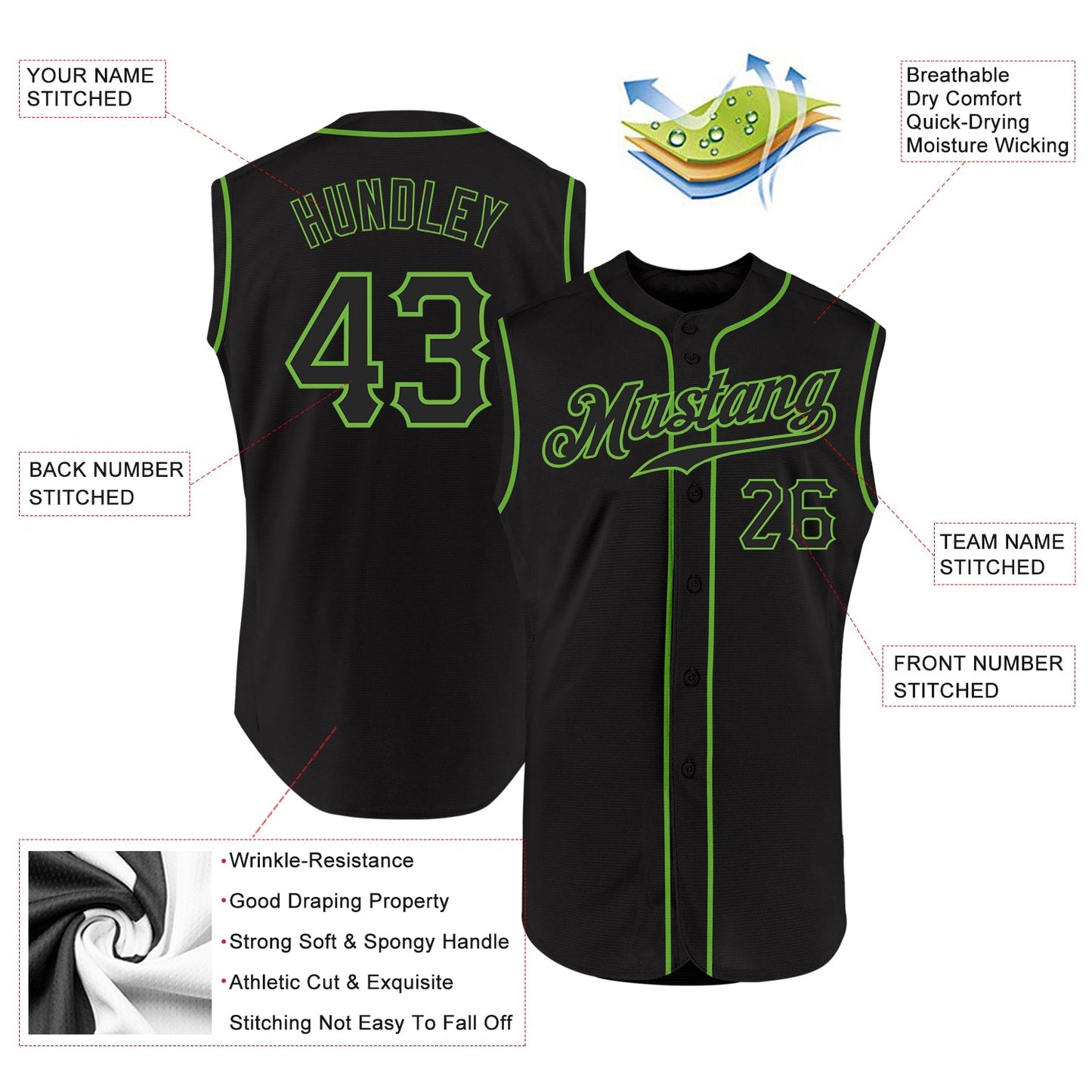 Custom Black Black-Neon Green Authentic Sleeveless Baseball Jersey view 2