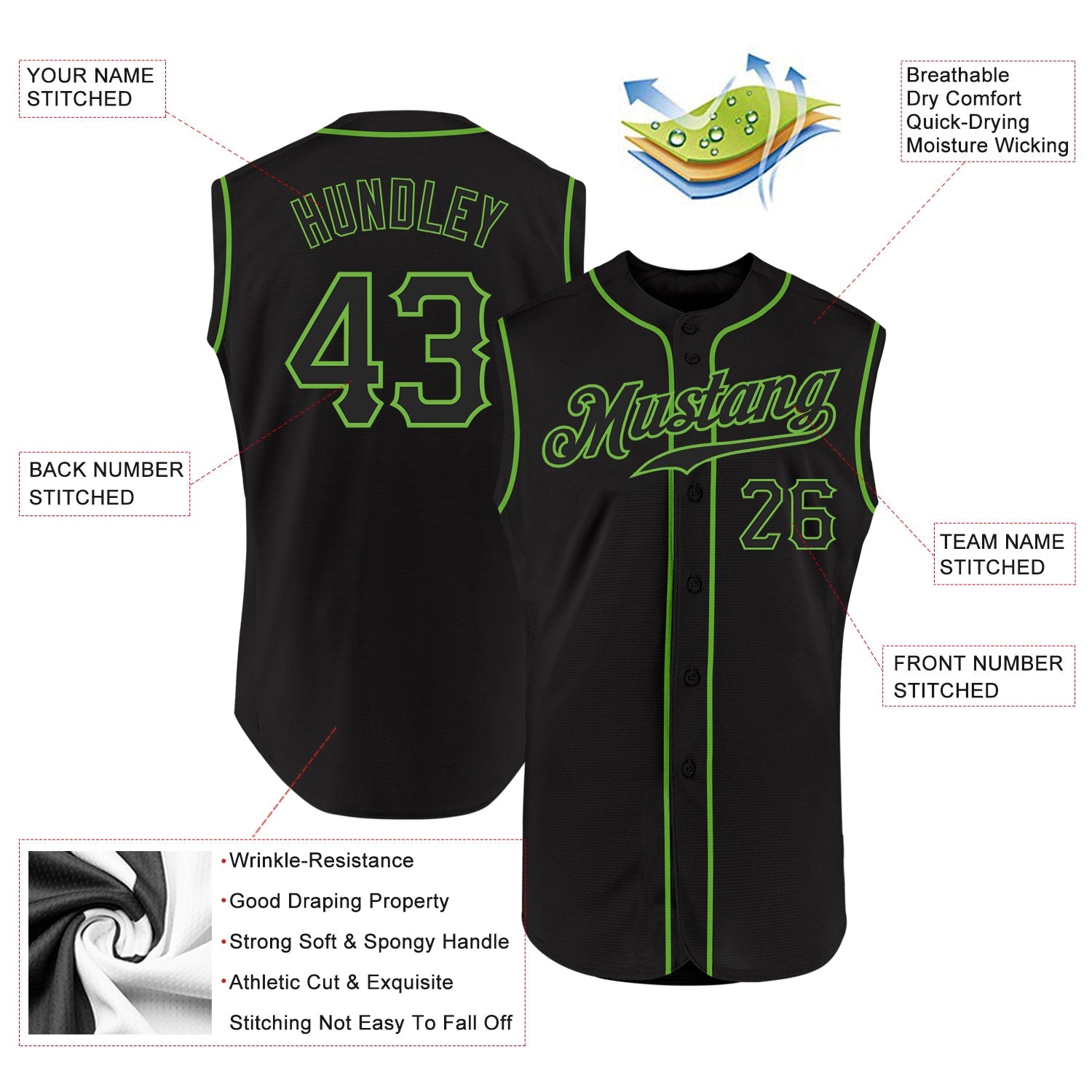 Custom Black Black-Neon Green Authentic Sleeveless Baseball Jersey view 2