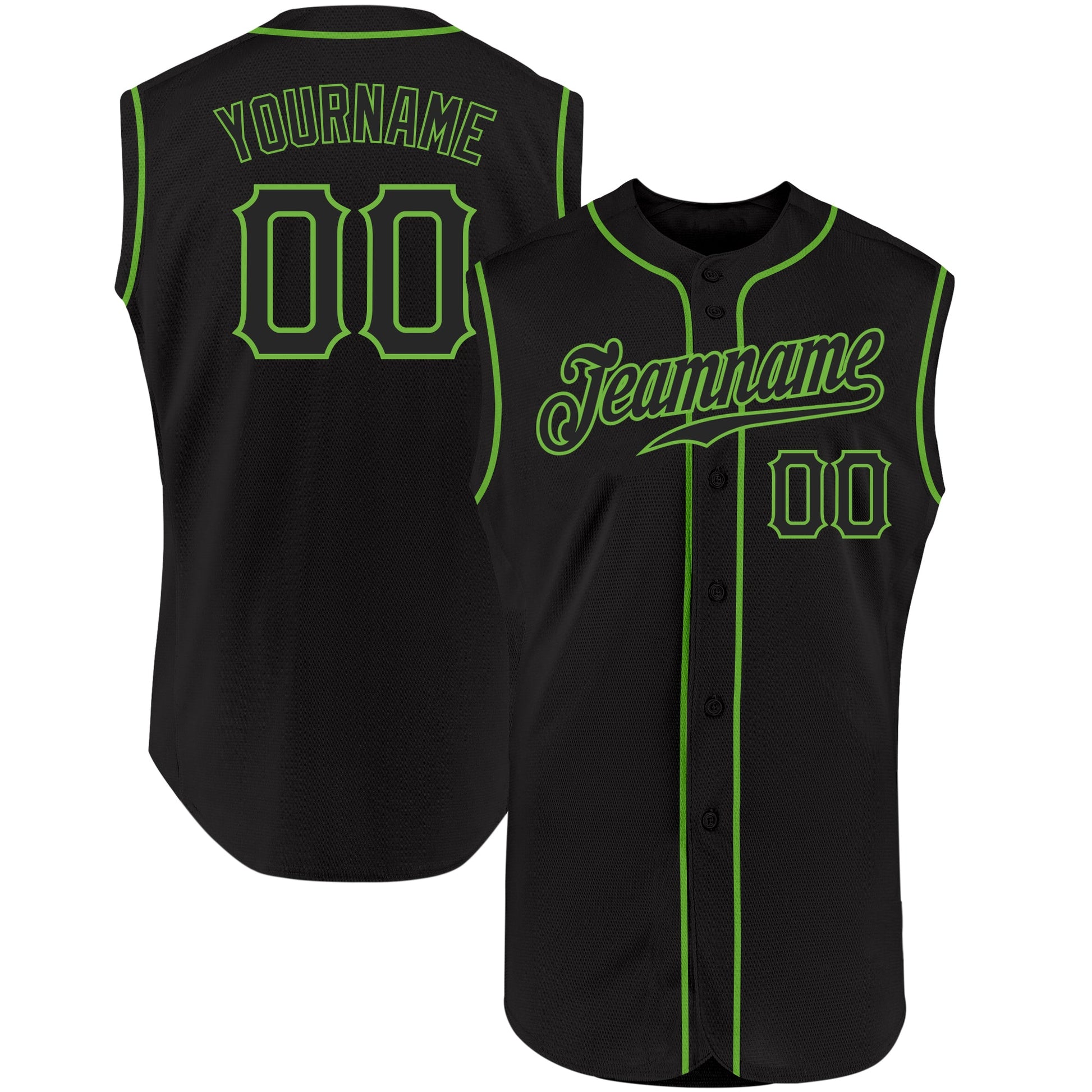 Custom Black Black-Neon Green Authentic Sleeveless Baseball Jersey - Main View