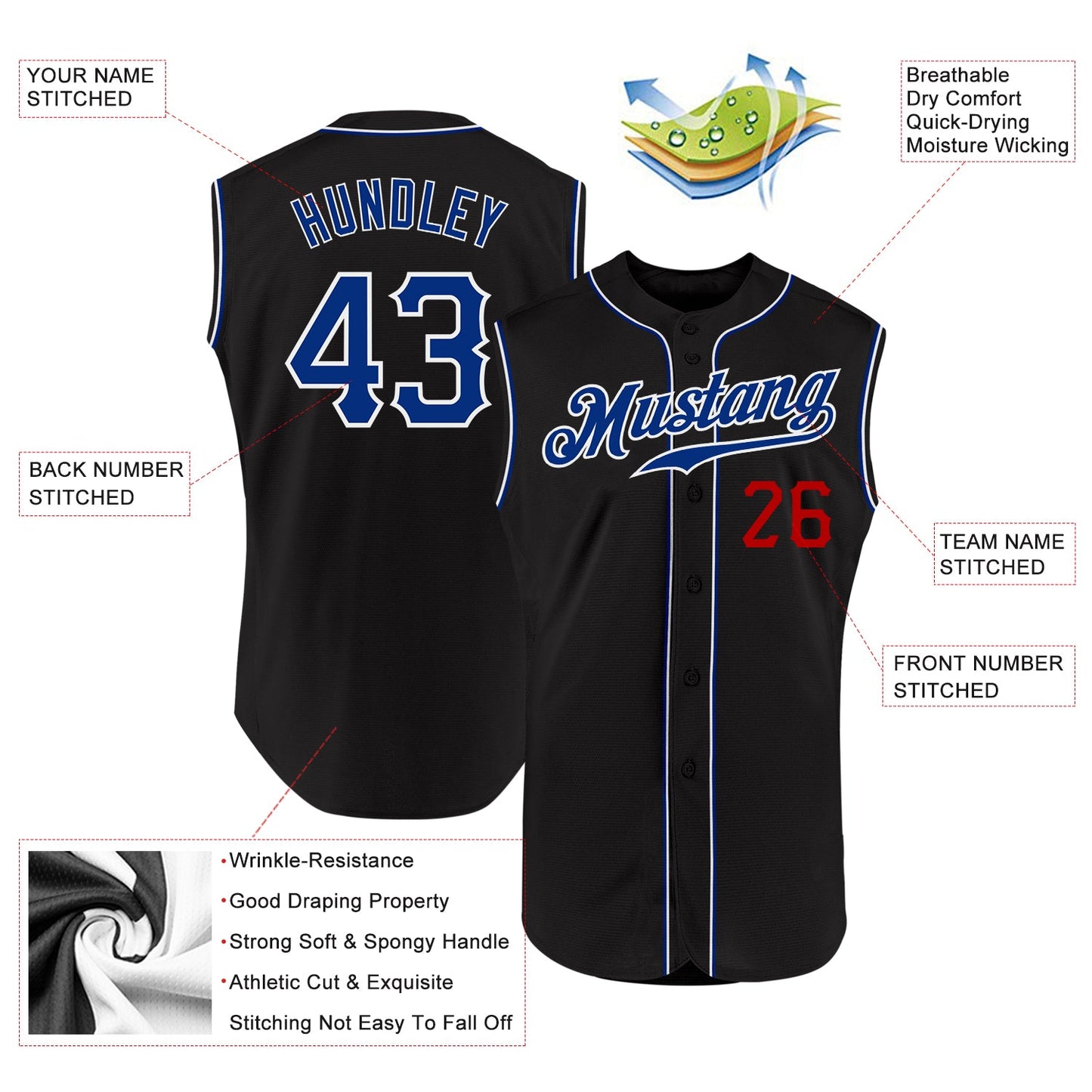 Custom Black Royal-Red Authentic Sleeveless Baseball Jersey view 2