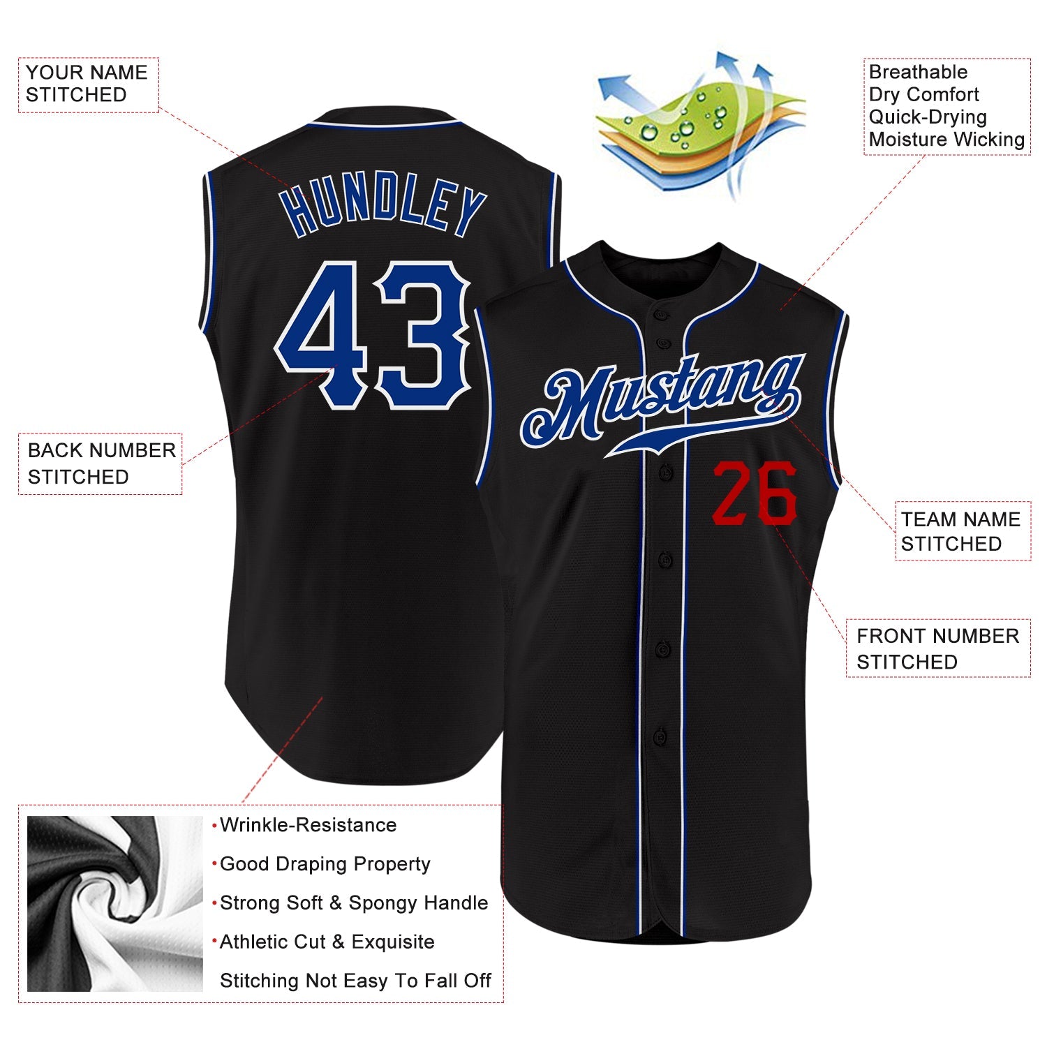 Custom Black Royal-Red Authentic Sleeveless Baseball Jersey view 2
