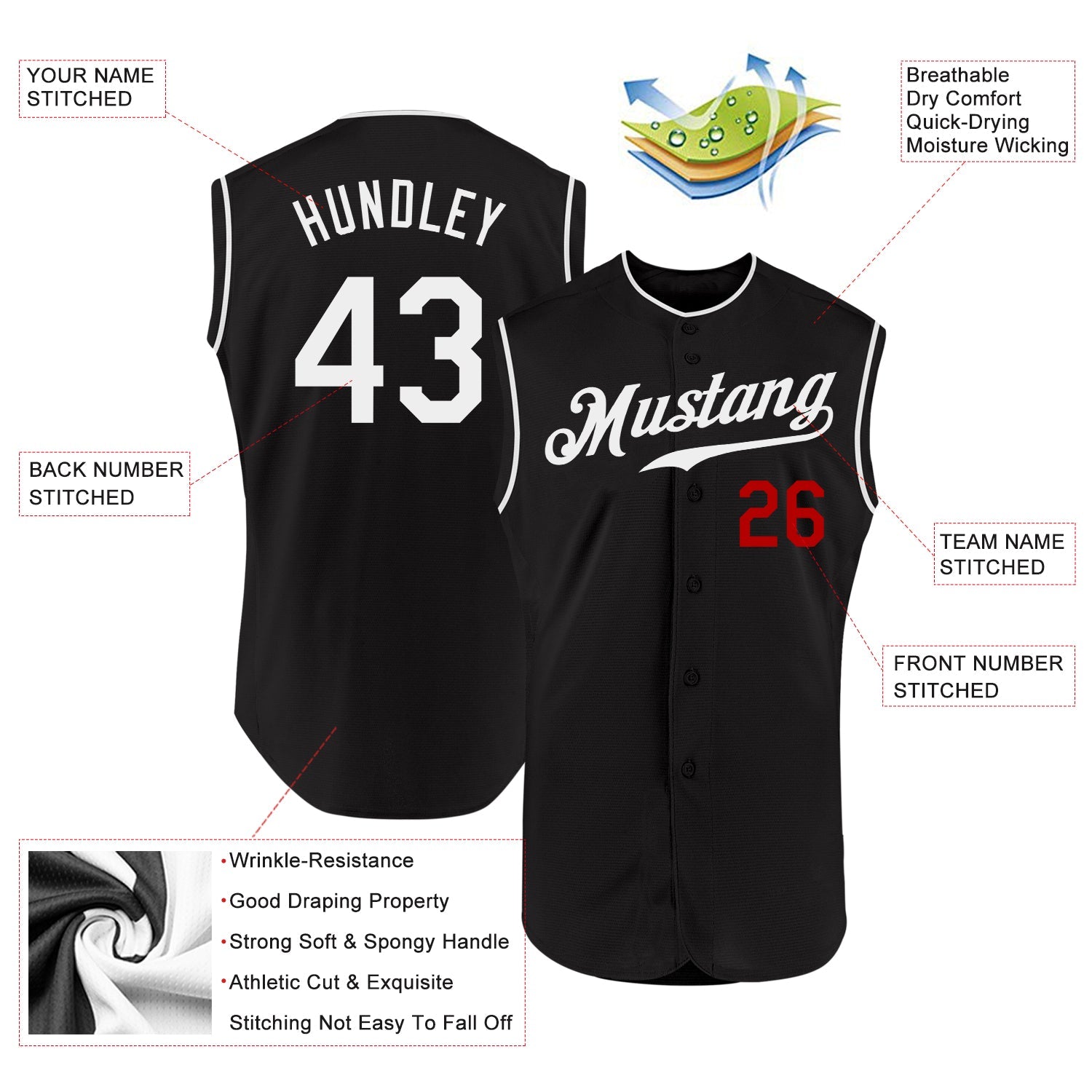 Custom Black White-Red Authentic Sleeveless Baseball Jersey view 2