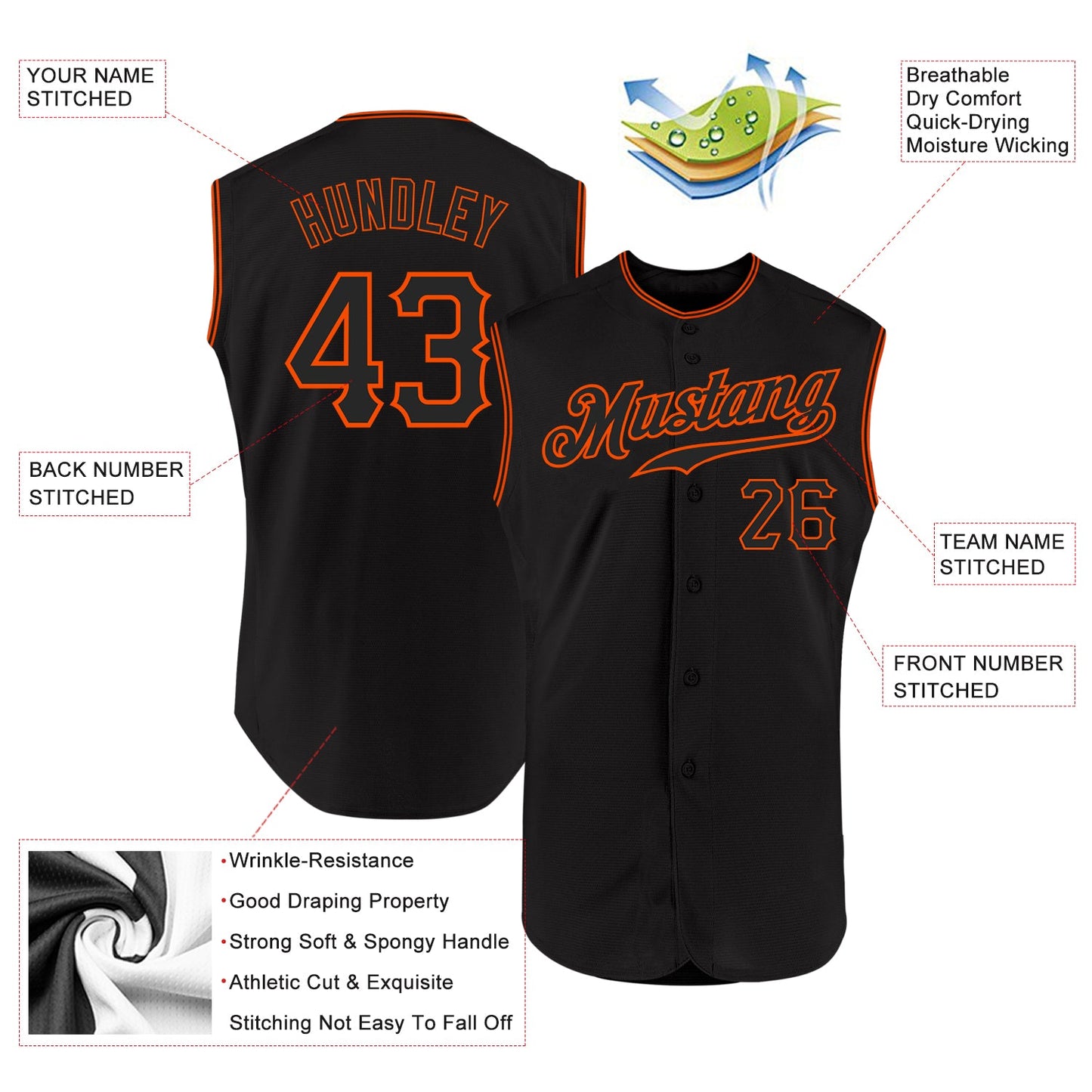 Custom Black Black-Orange Authentic Sleeveless Baseball Jersey view 2