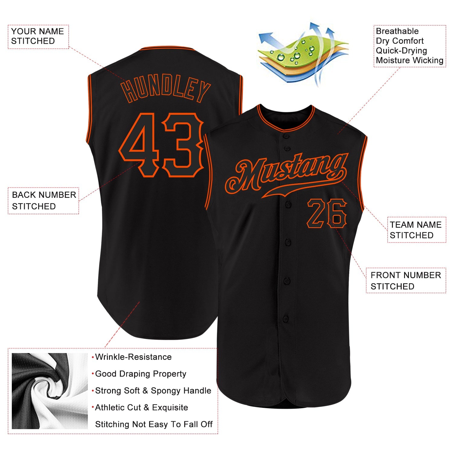 Custom Black Black-Orange Authentic Sleeveless Baseball Jersey view 2