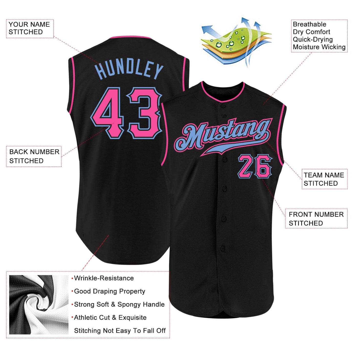Custom Black Pink-Light Blue Authentic Sleeveless Baseball Jersey view 2
