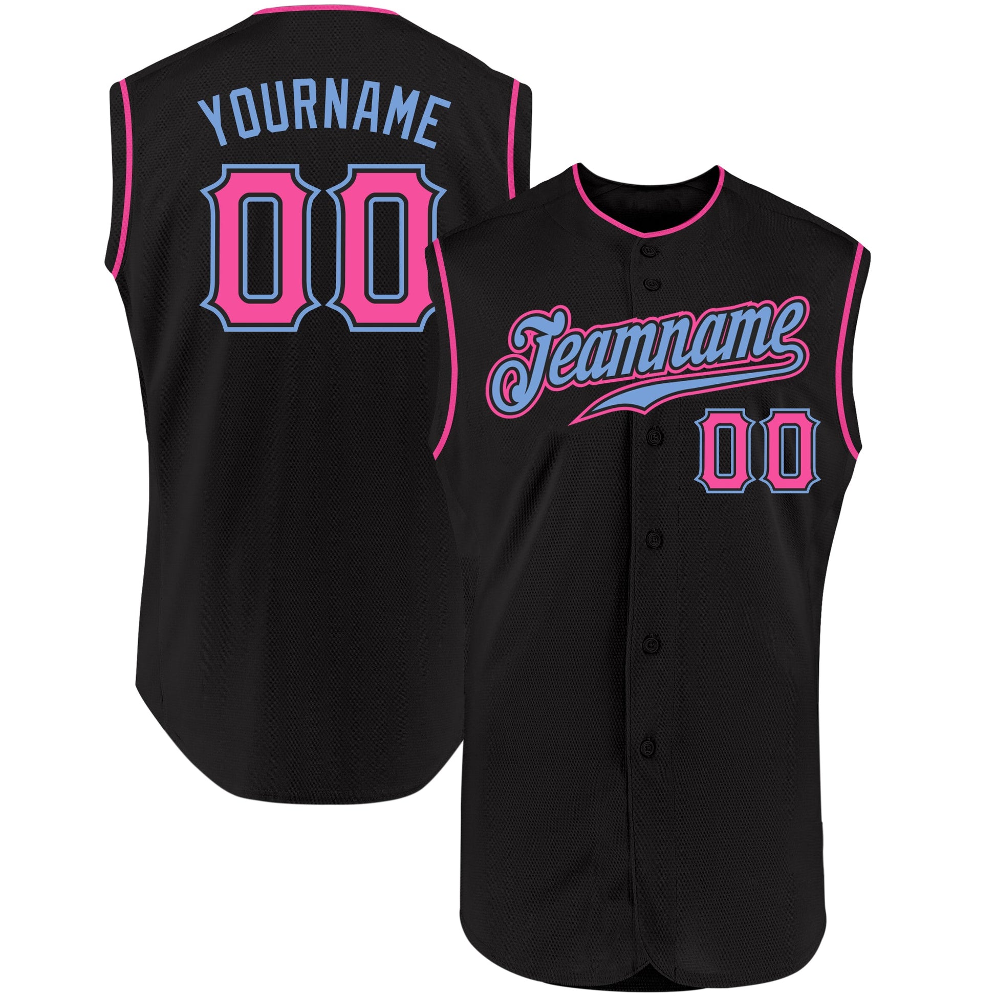 Custom Black Pink-Light Blue Authentic Sleeveless Baseball Jersey - Main View