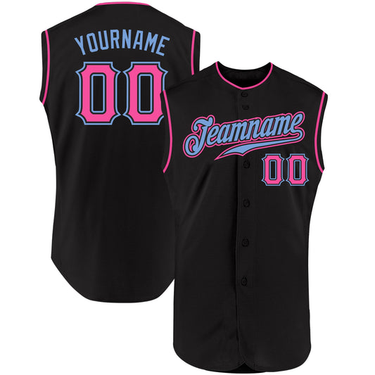 Custom Black Pink-Light Blue Authentic Sleeveless Baseball Jersey - Main View