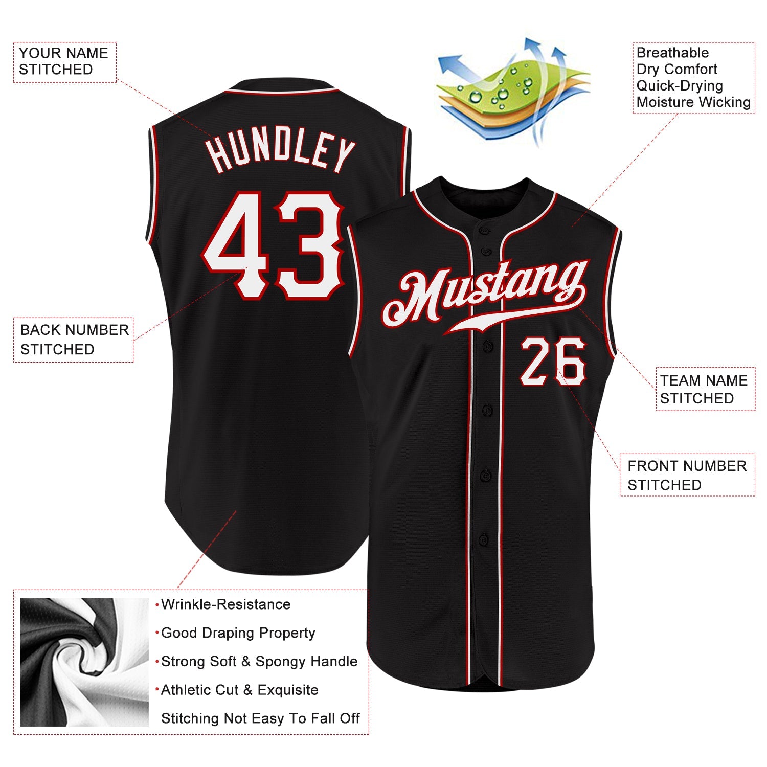 Custom Black White-Red Authentic Sleeveless Baseball Jersey view 2