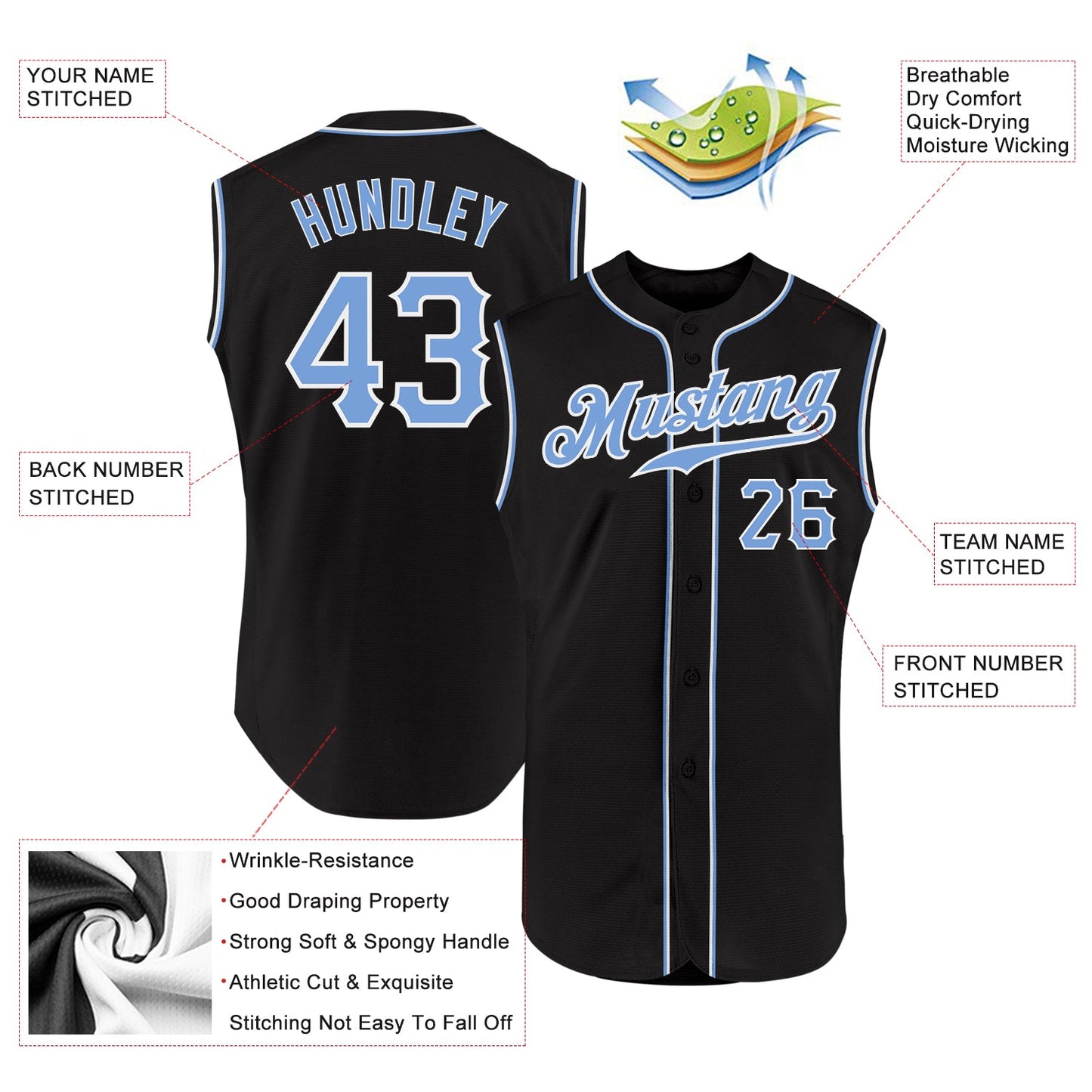 Custom Black Light Blue-White Authentic Sleeveless Baseball Jersey view 2