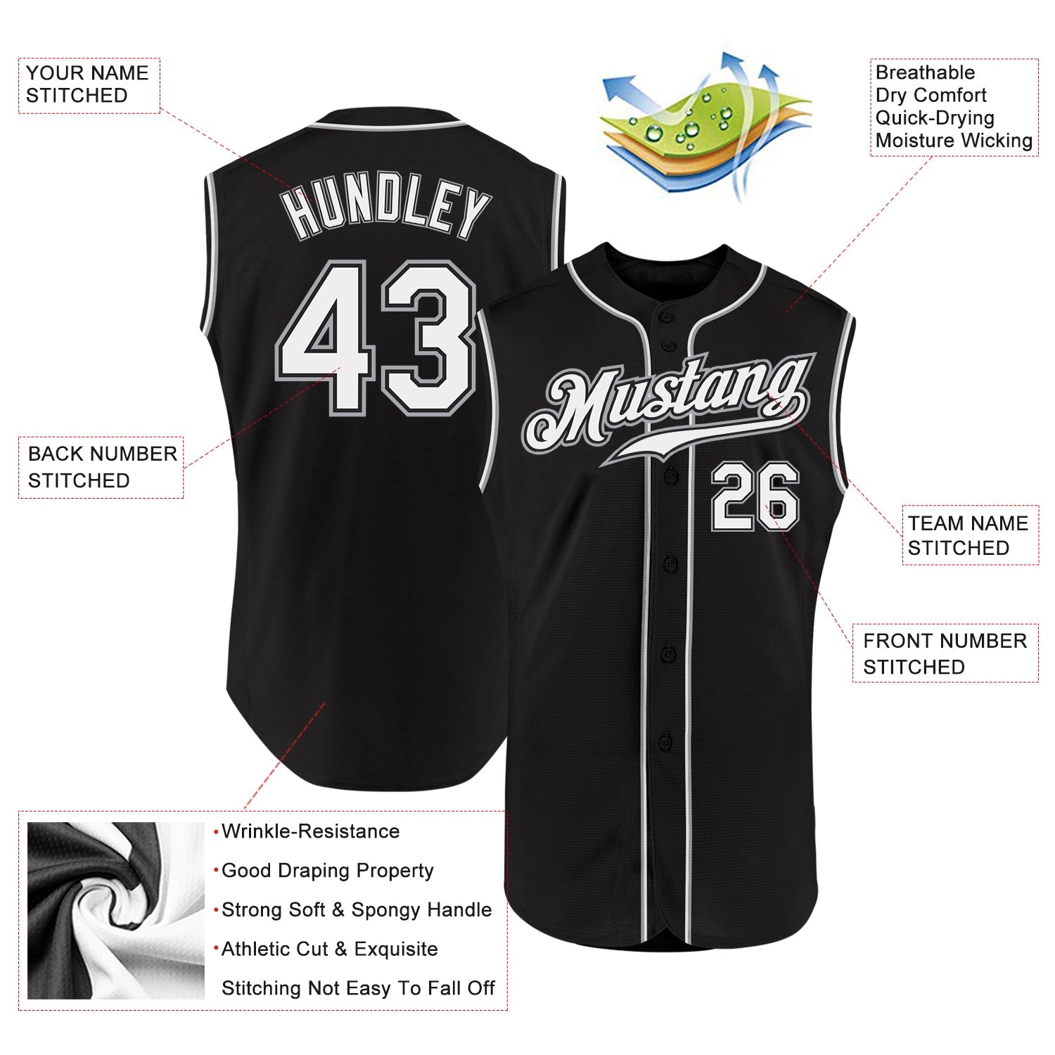 Custom Black White-Gray Authentic Sleeveless Baseball Jersey view 2
