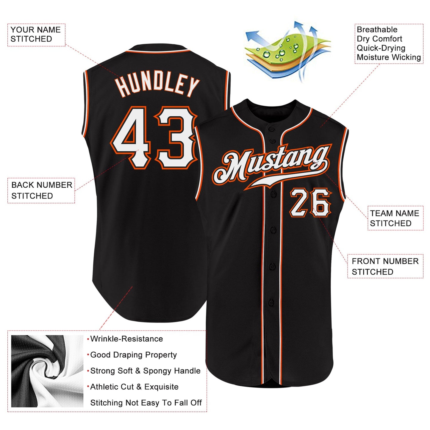 Custom Black White-Orange Authentic Sleeveless Baseball Jersey view 2