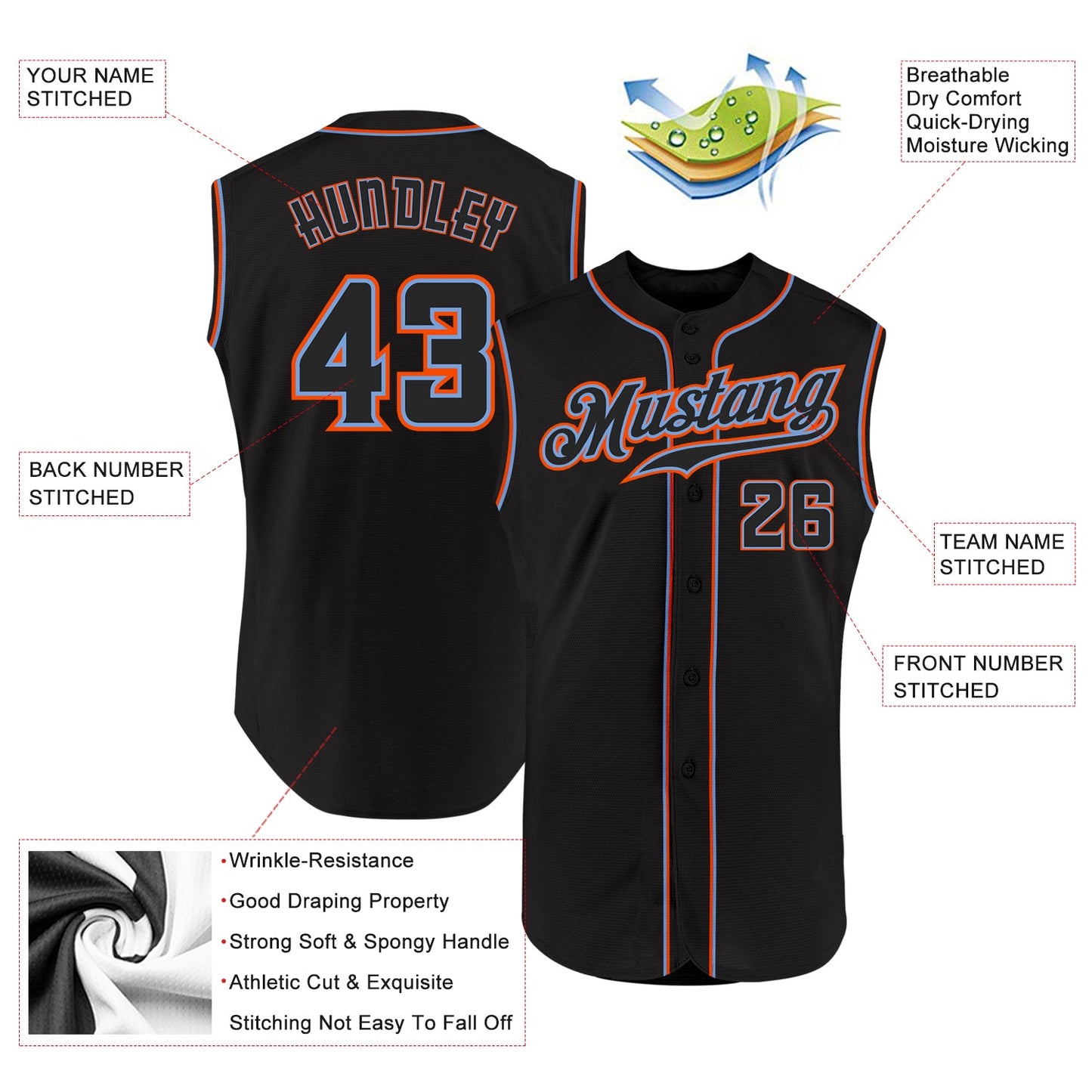 Custom Black Black-Orange Authentic Sleeveless Baseball Jersey view 2