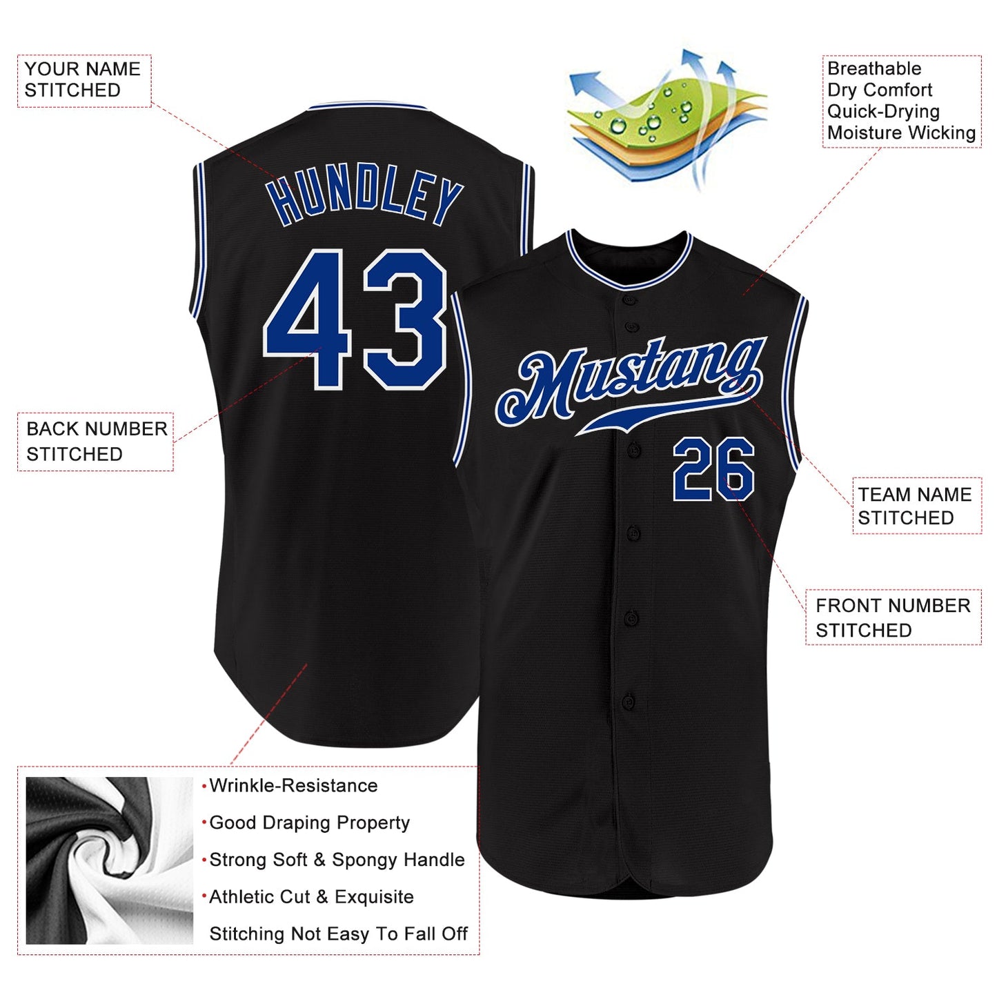 Custom Black Royal-White Authentic Sleeveless Baseball Jersey view 2