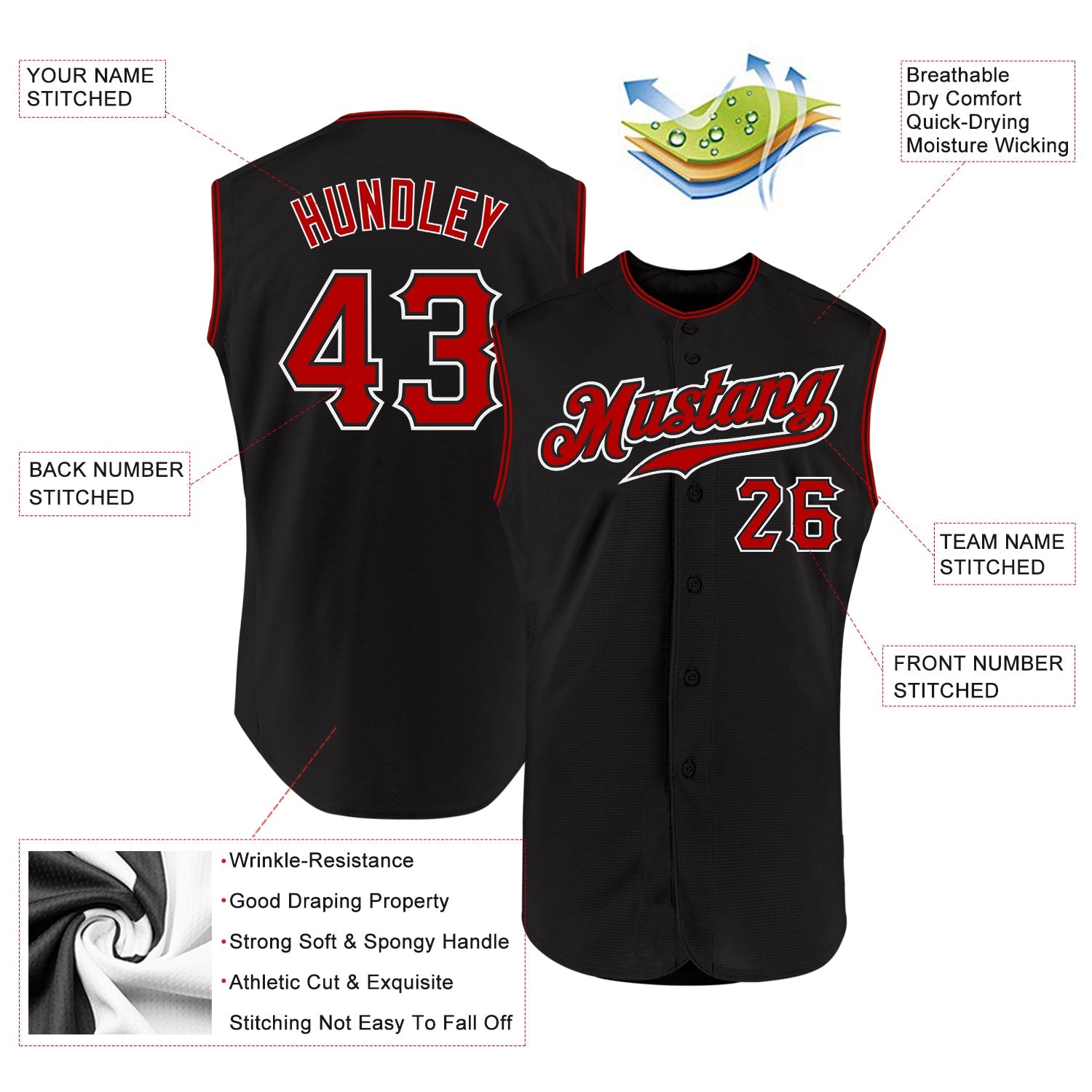 Custom Black Red-White Authentic Sleeveless Baseball Jersey view 2