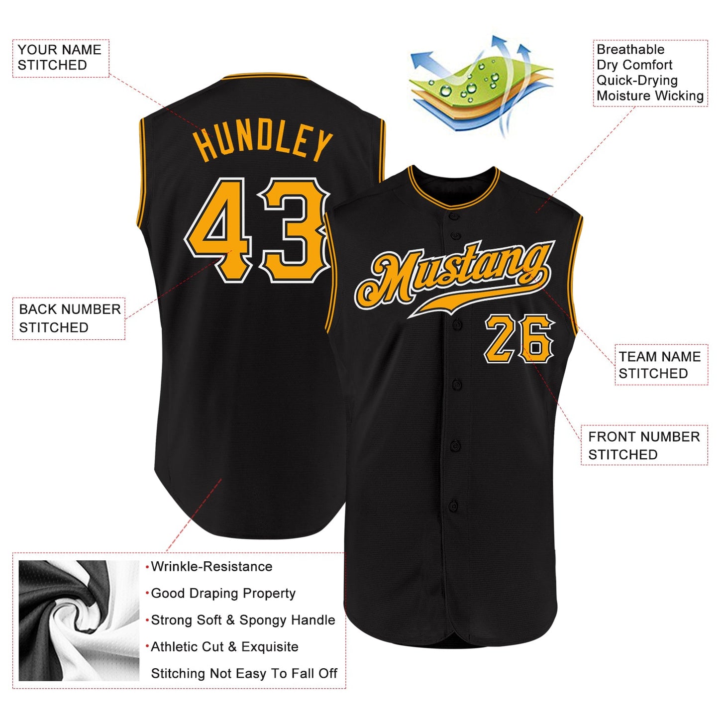 Custom Black Gold-White Authentic Sleeveless Baseball Jersey view 2