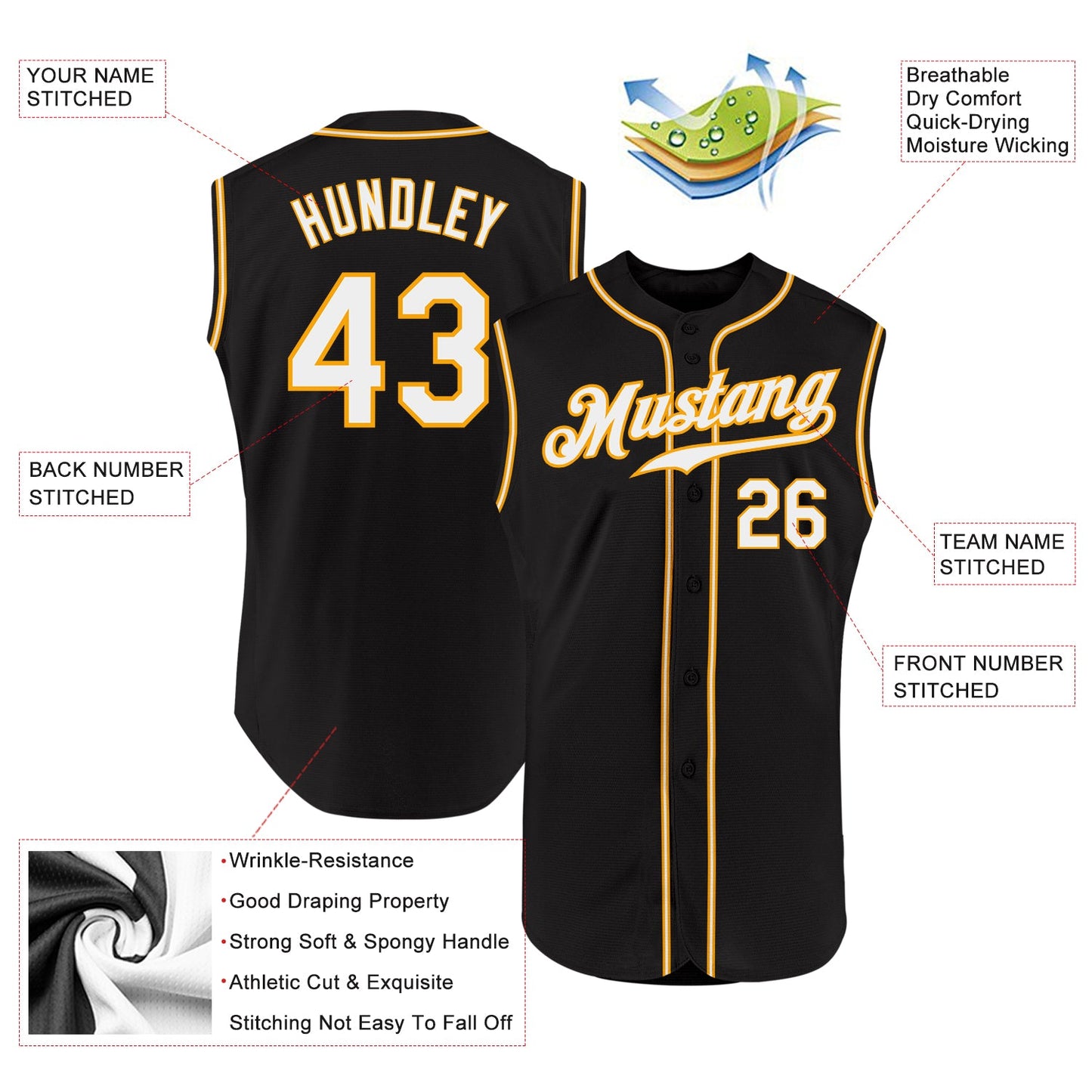 Custom Black White-Gold Authentic Sleeveless Baseball Jersey view 2