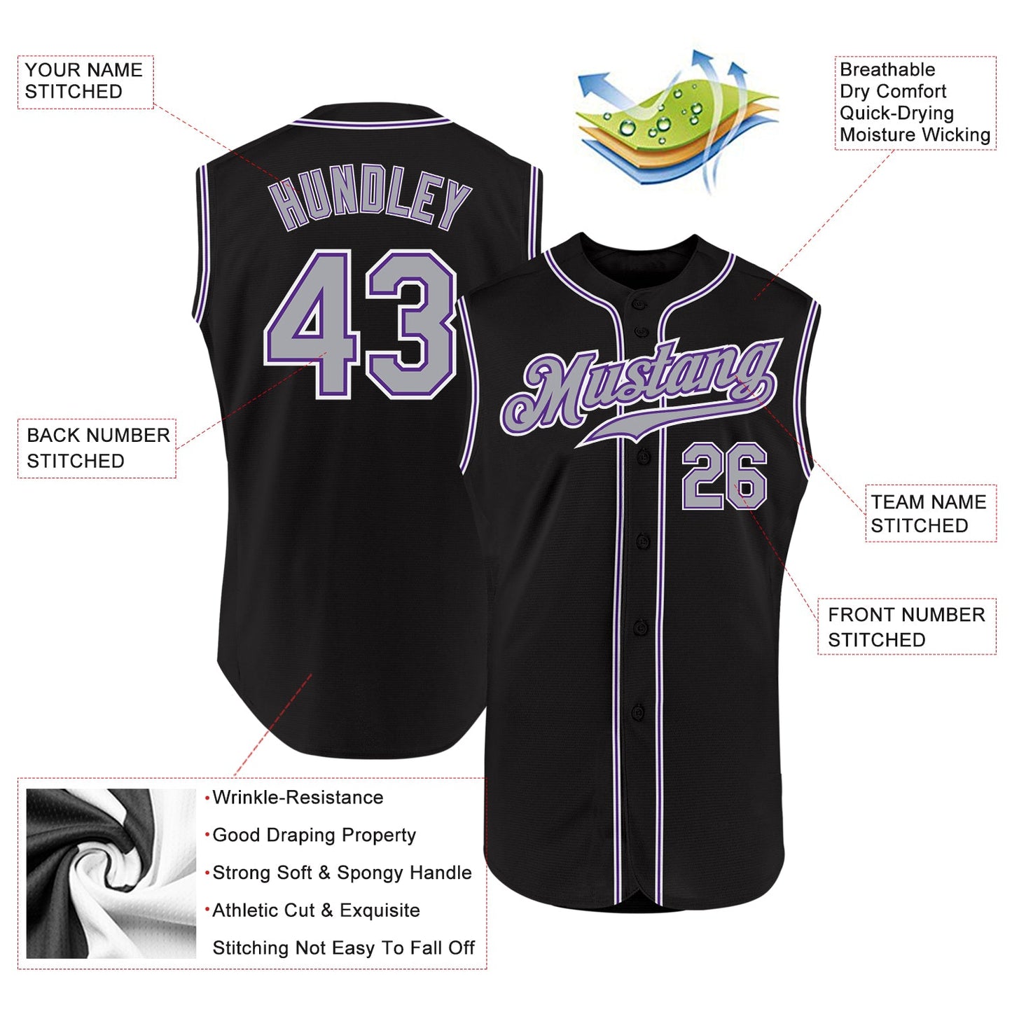 Custom Black Gray-Purple Authentic Sleeveless Baseball Jersey view 2