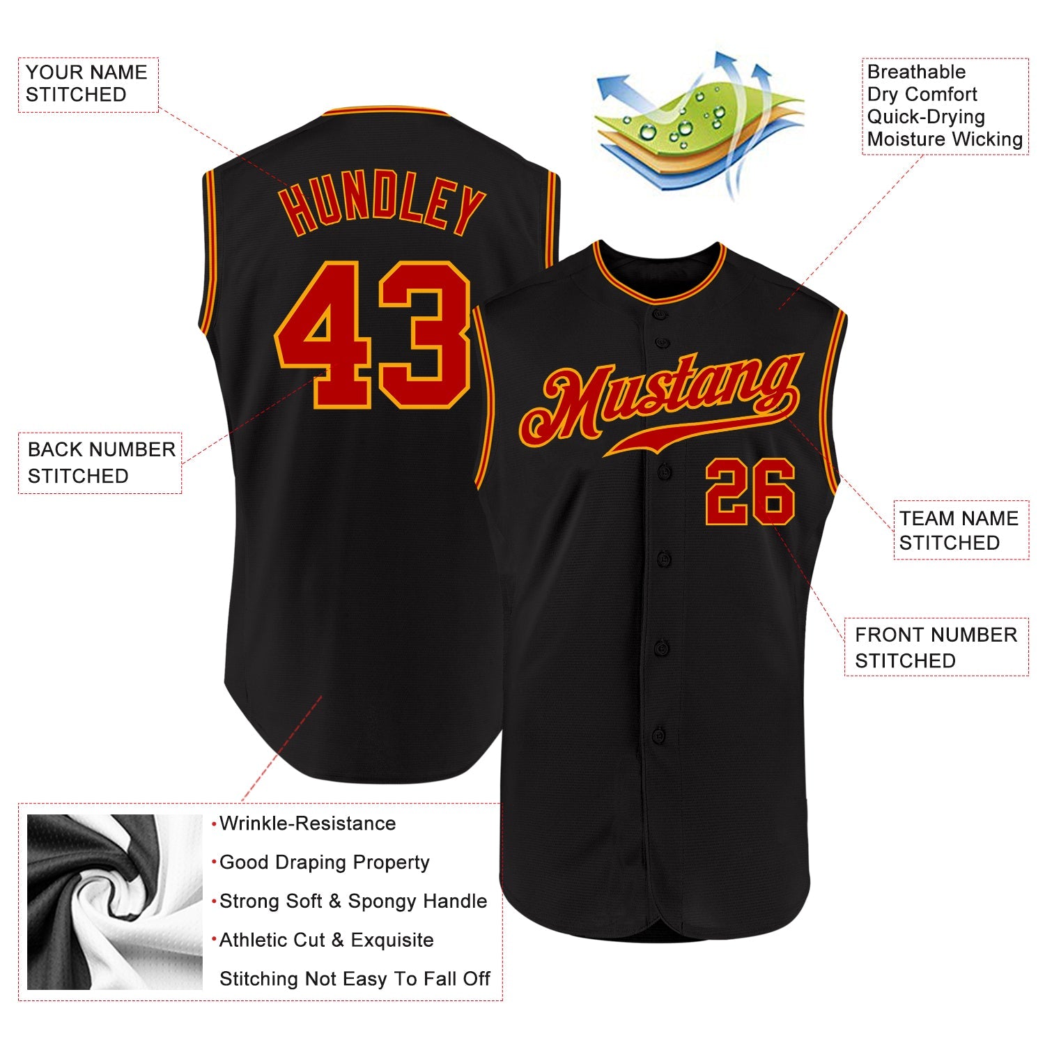 Custom Black Red-Gold Authentic Sleeveless Baseball Jersey view 2