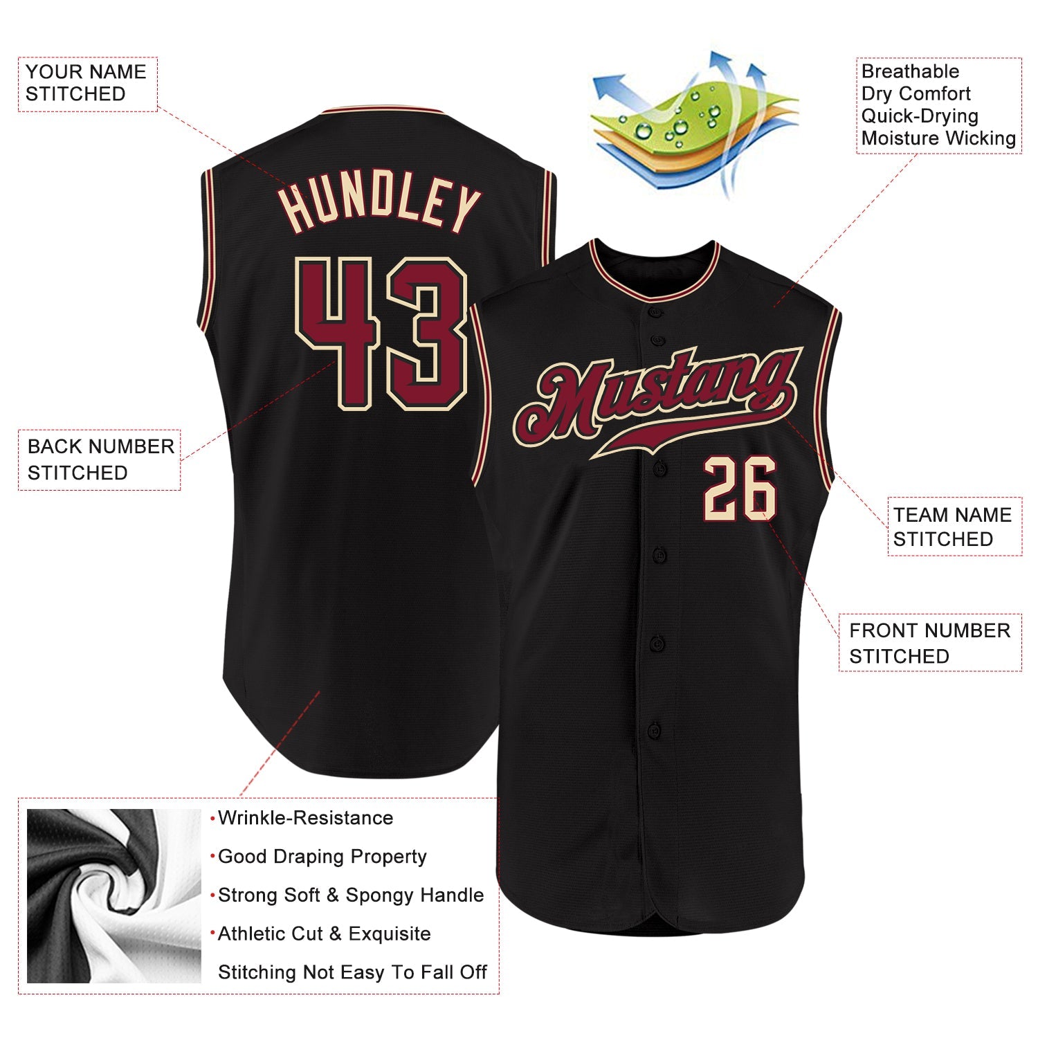 Custom Black Crimson-City Cream Authentic Sleeveless Baseball Jersey view 2