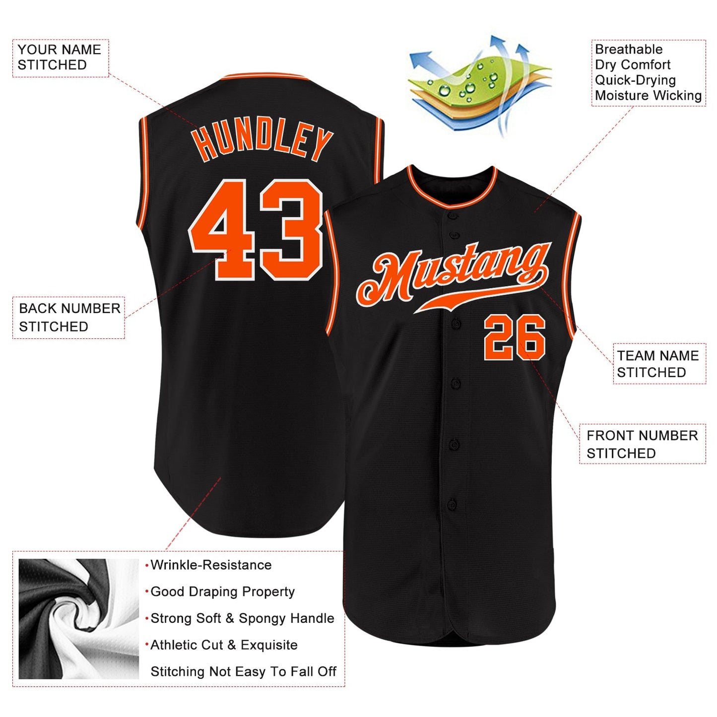 Custom Black Orange-White Authentic Sleeveless Baseball Jersey view 2