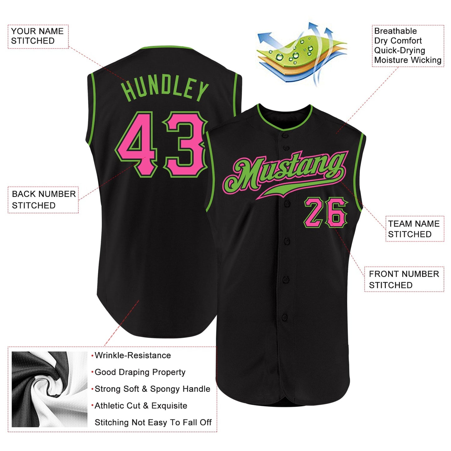 Custom Black Pink-Neon Green Authentic Sleeveless Baseball Jersey view 2